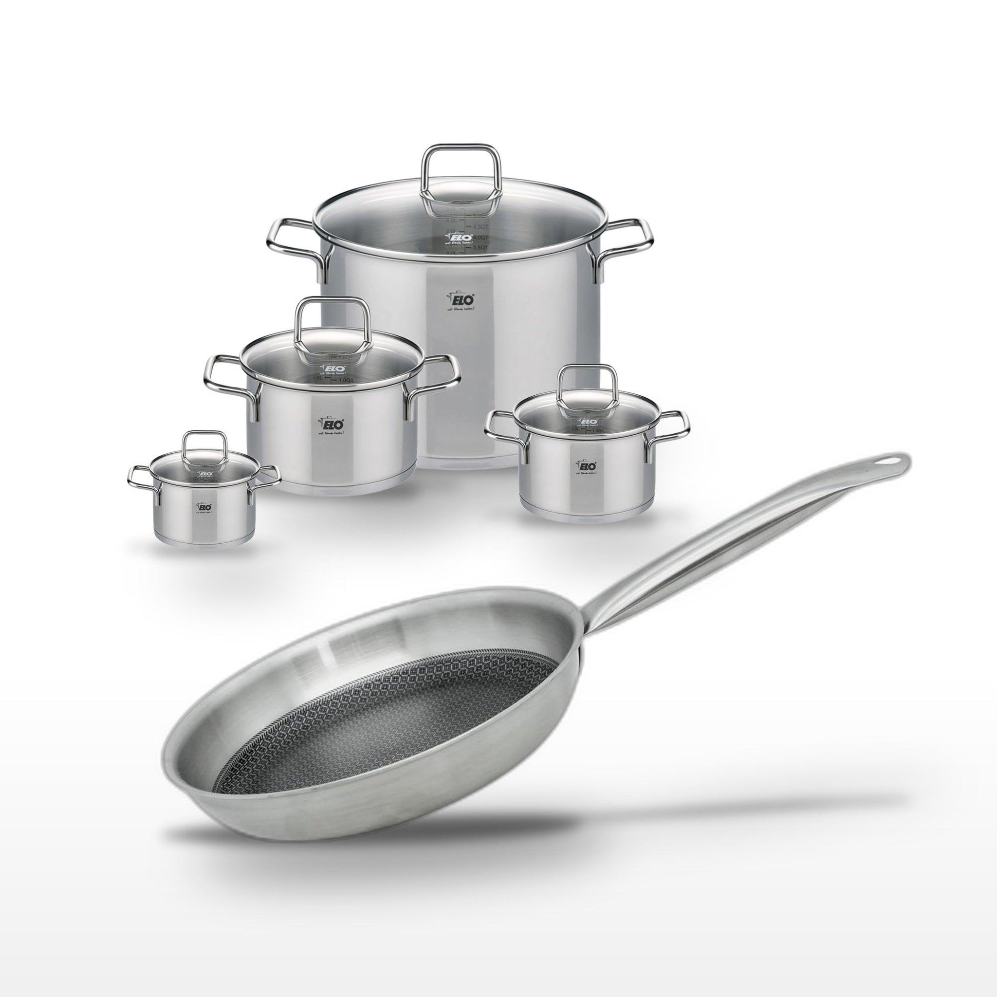 ELO Batterie de cuisine avec 1 poêle de cuisson 28 cm et 4 faitouts 12/16/20/26 cm en inox et sans pfas elo collection relief solution citrin