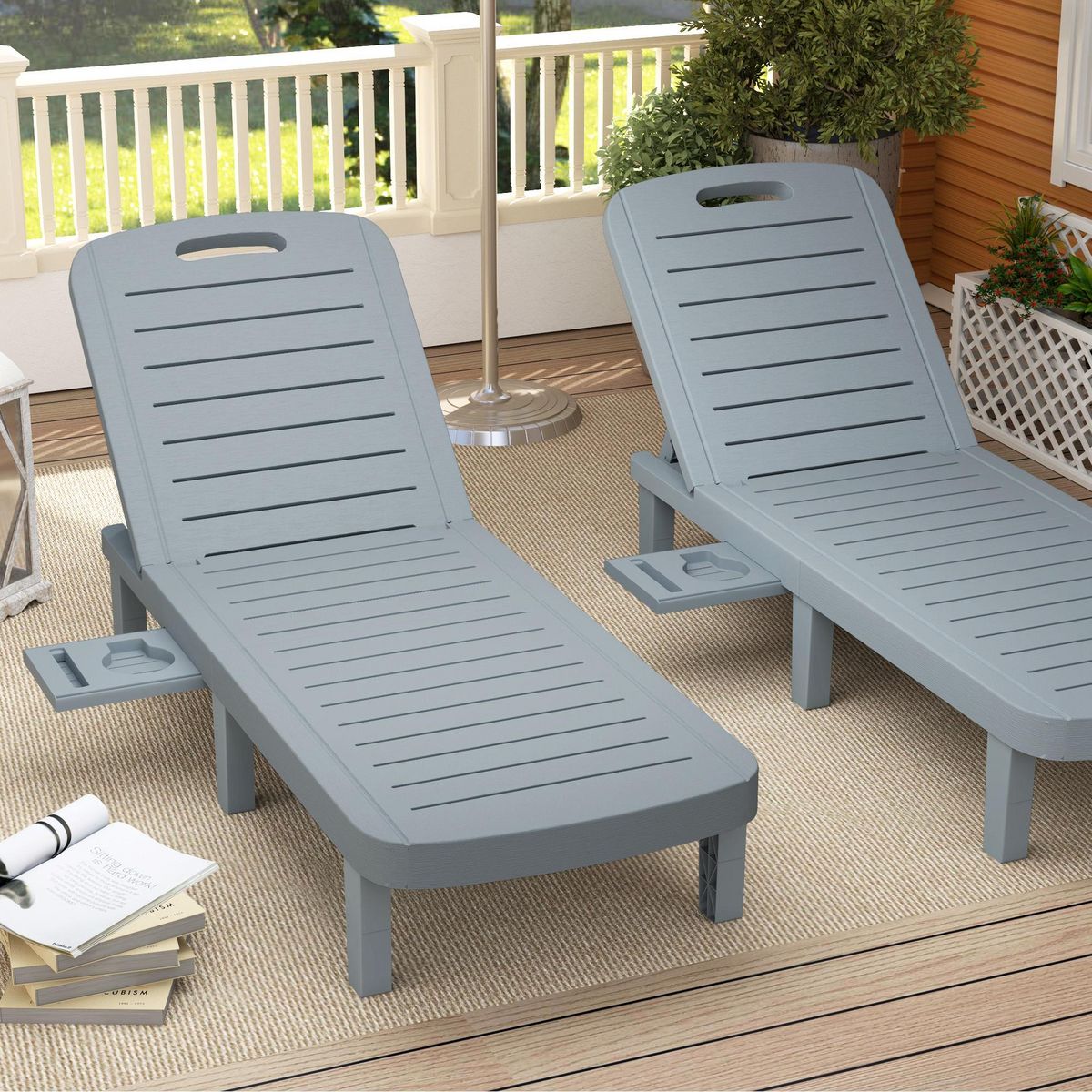 OUTSUNNY Lot de 2 bains de soleil inclinable - plateau rétractable - PP texturé effet bois gris