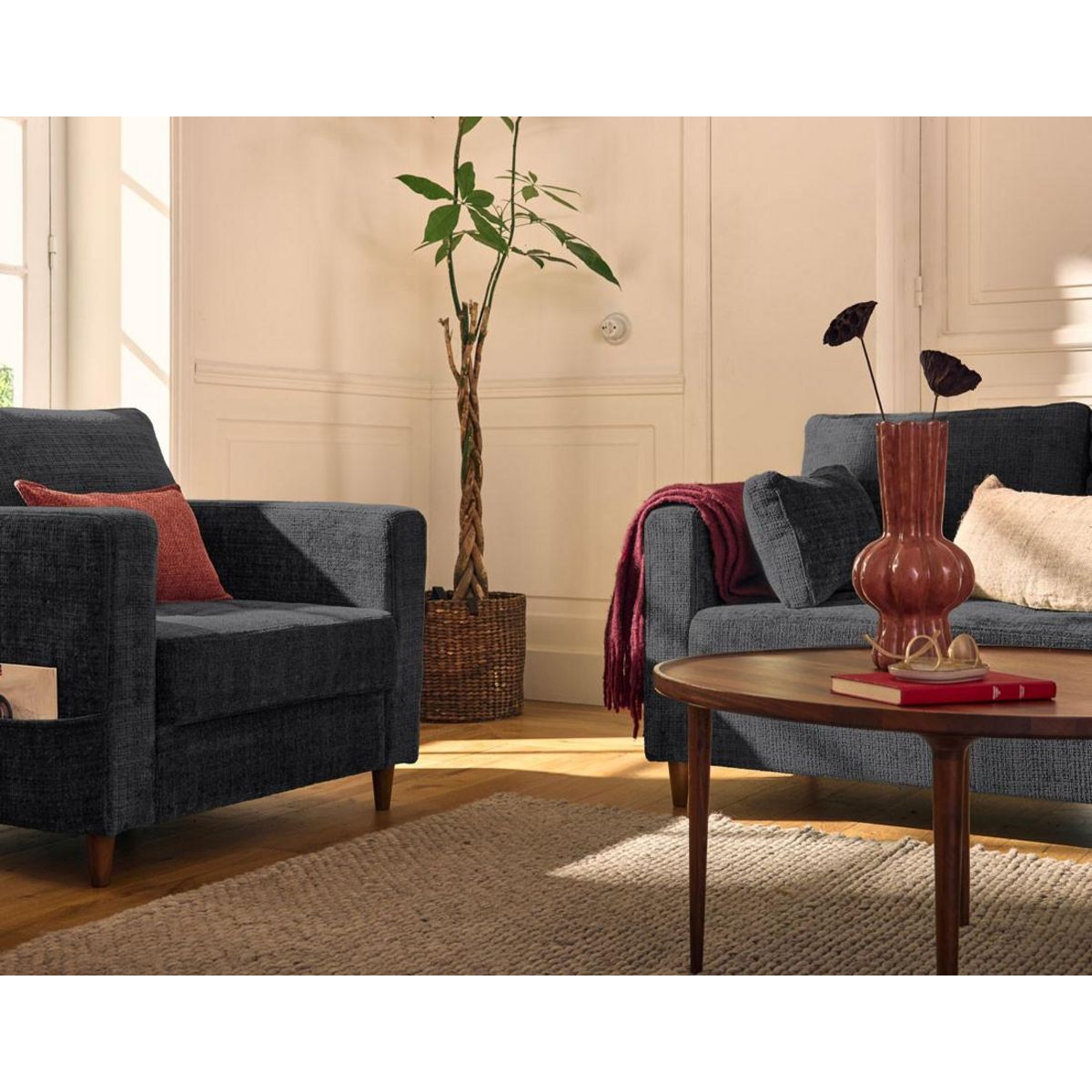 LISA DESIGN Anna - fauteuil avec poche en velours texturé - pieds en bois