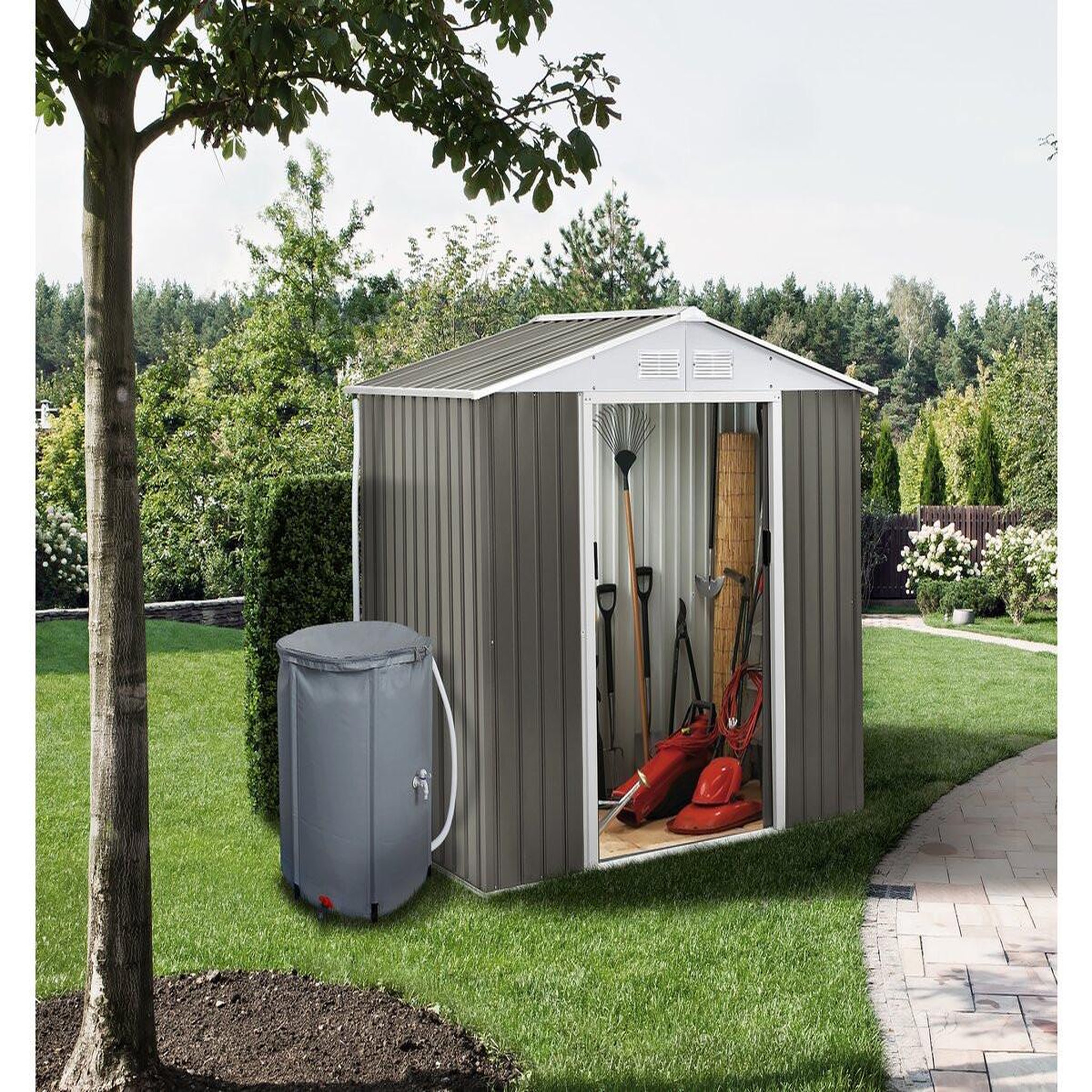 Voir la diapositive 2 : Habitat et Jardin Abri jardin métal  dallas  - 5,29 m² avec gouttière et récupérateur d'eau - taupe