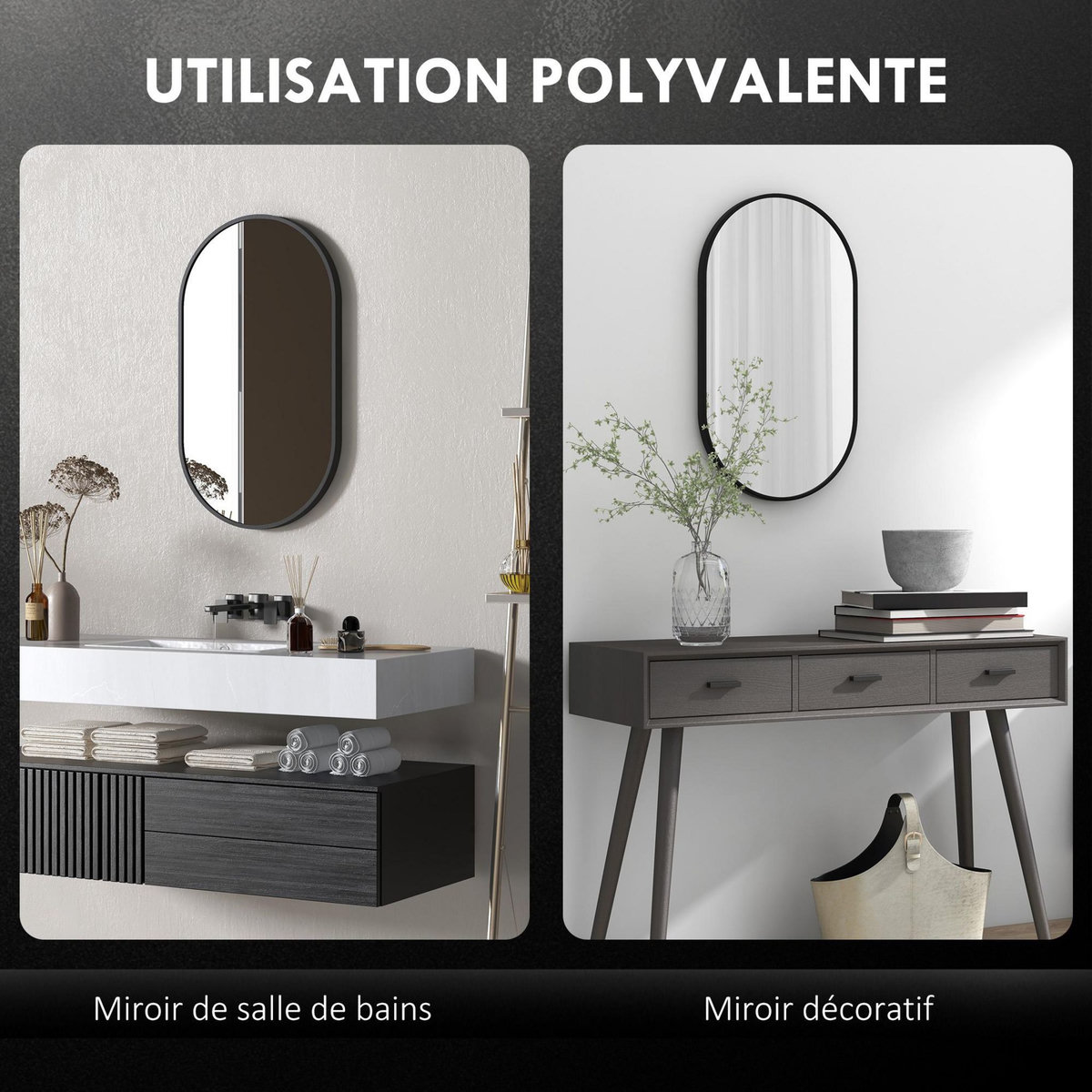 HOMCOM Miroir mural ovale dim. 40L x 70H cm cadre arrondi montage vertical/horizontal alu. noir