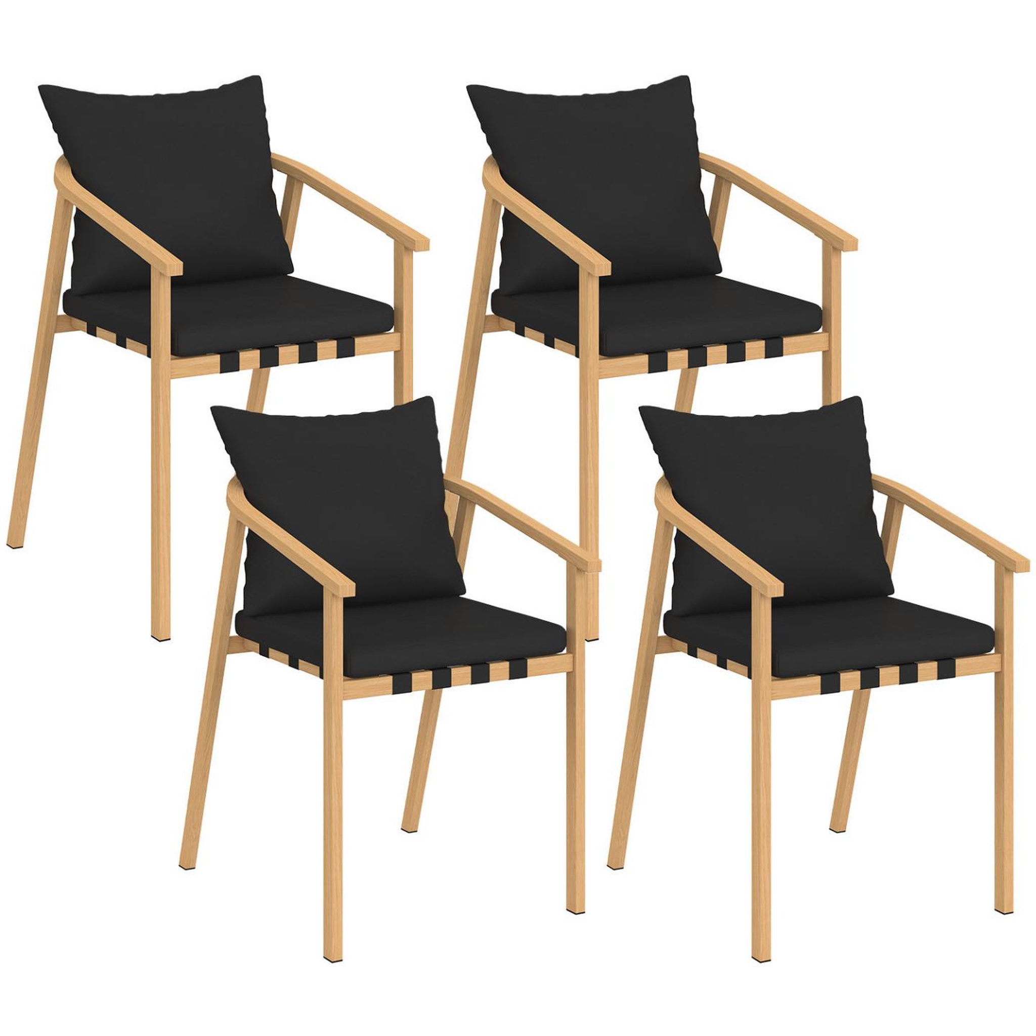 ID MARKET Lot de 4 chaises de jardin malta structure en métal effet bois, lanières et coussins noirs