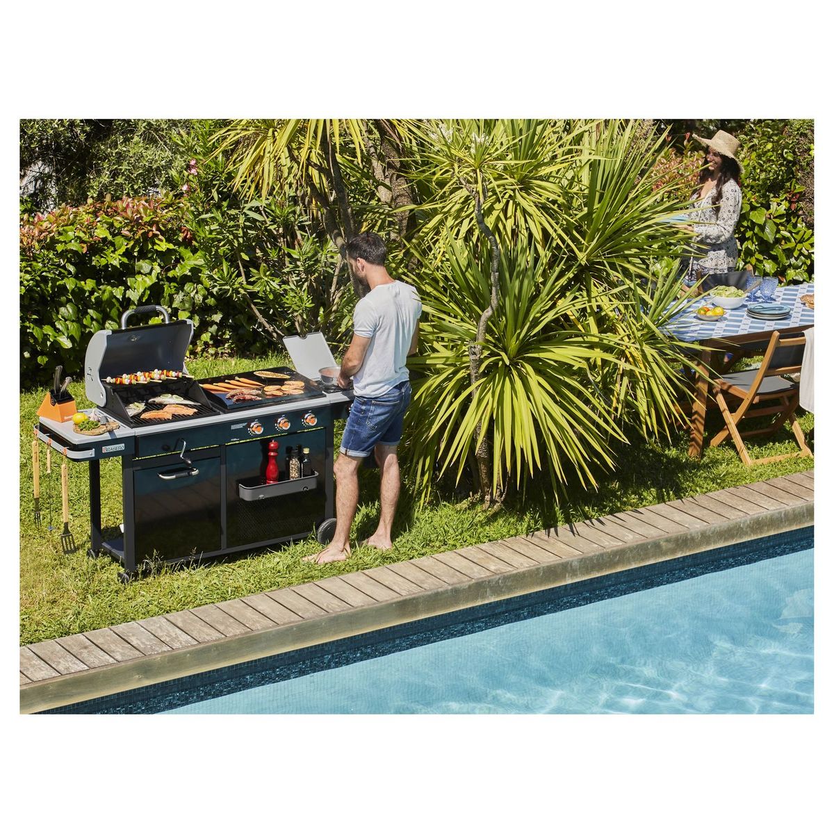 BRASERO Barbecue charbon de bois et plancha gaz 3 brûleurs + 1 brûleur latéral