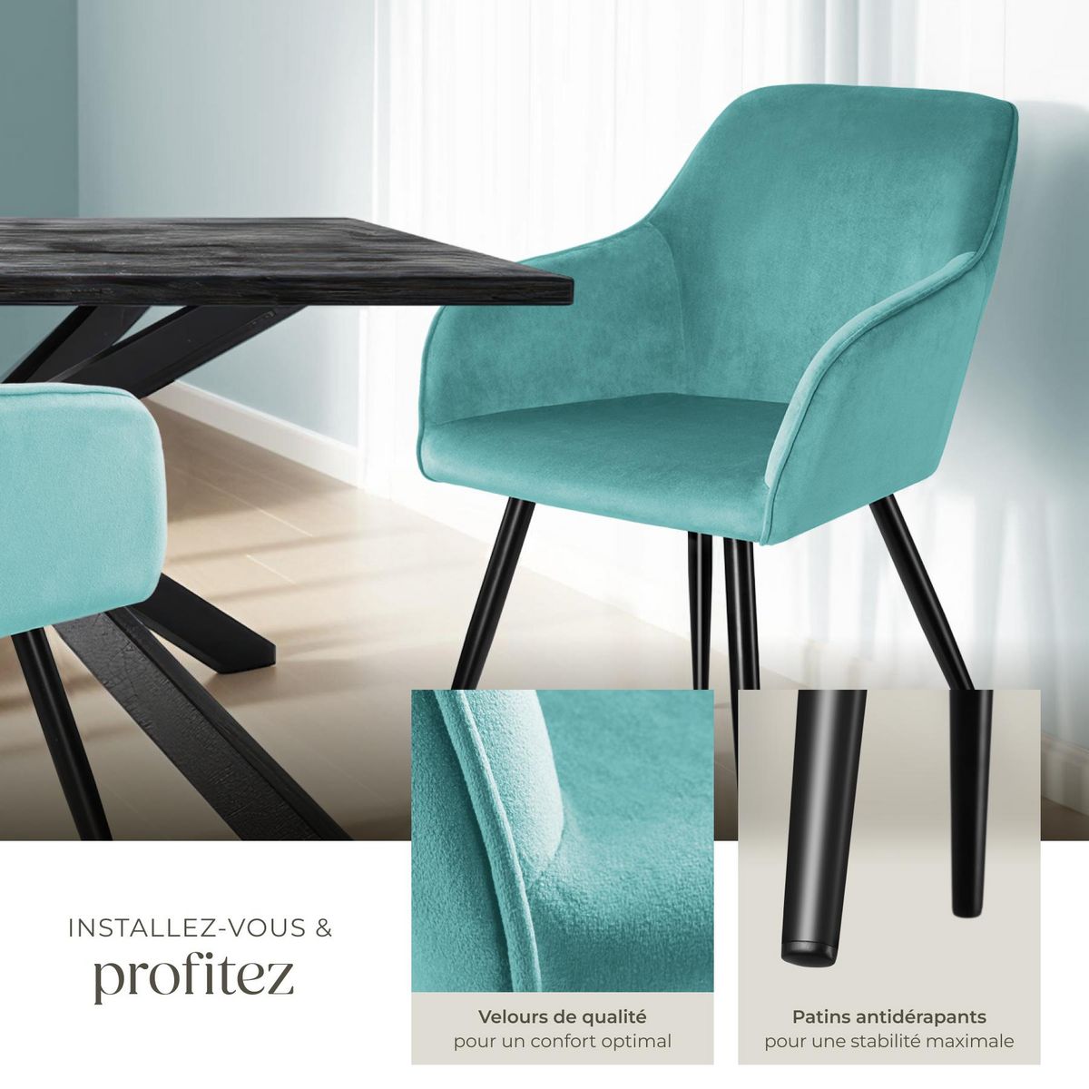 tectake Ensemble de 8 chaises cuir synthétique aspect velours turquoise/ noir