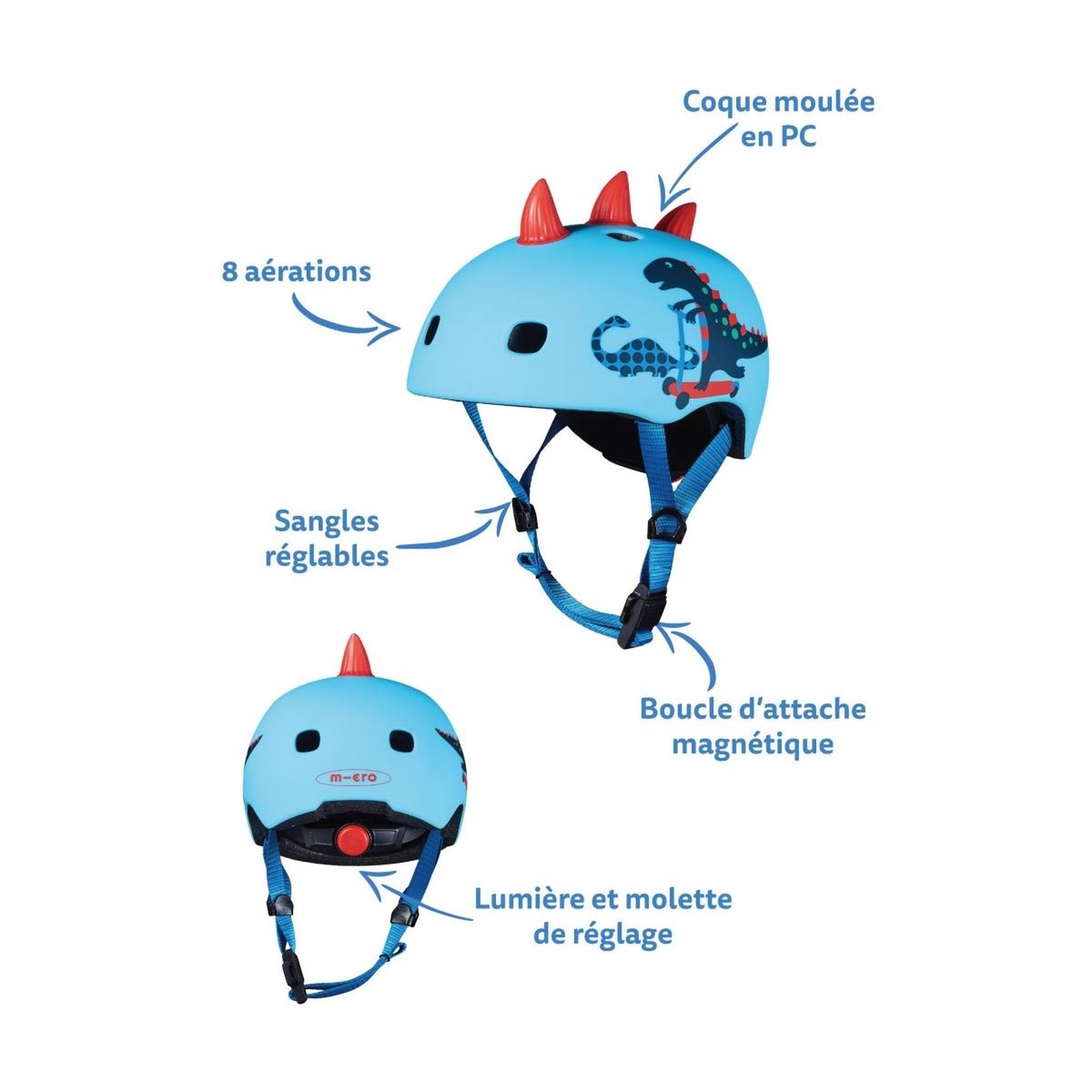 Voir la diapositive 2 : Micro Casque Vélo et Trottinette Dinosaure 3D   boucle magnétique  lumière LED intégrée  Taille M