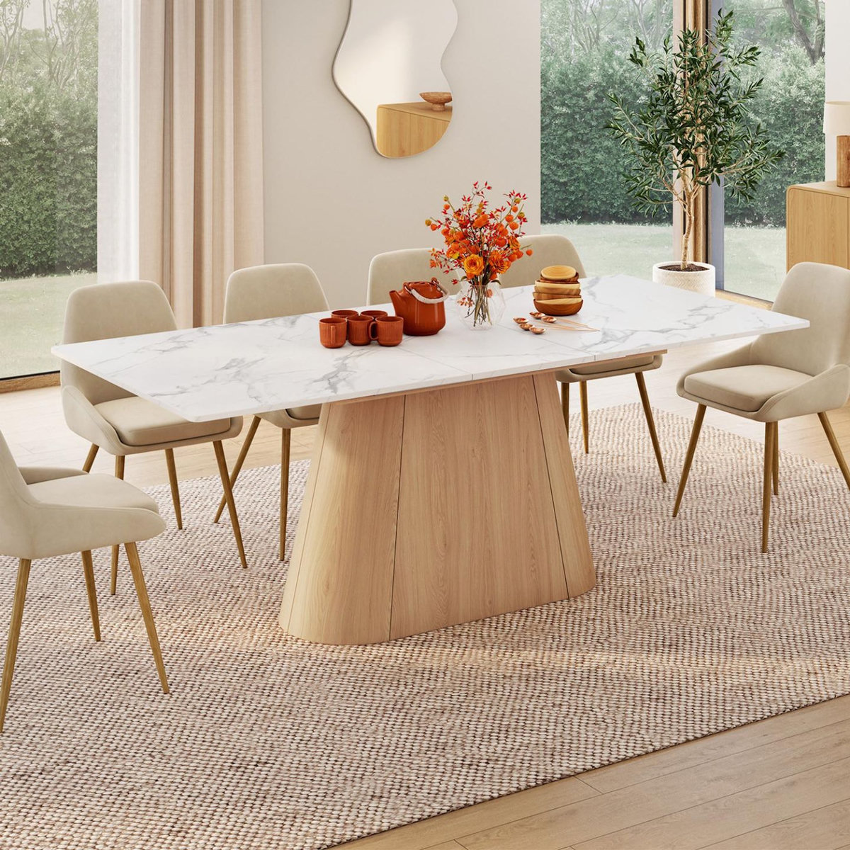 ID MARKET Table à manger extensible rectangle RHONDA 6-10 personnes plateau marbre blanc ALASKA et bois façon hêtre 160-200 cm
