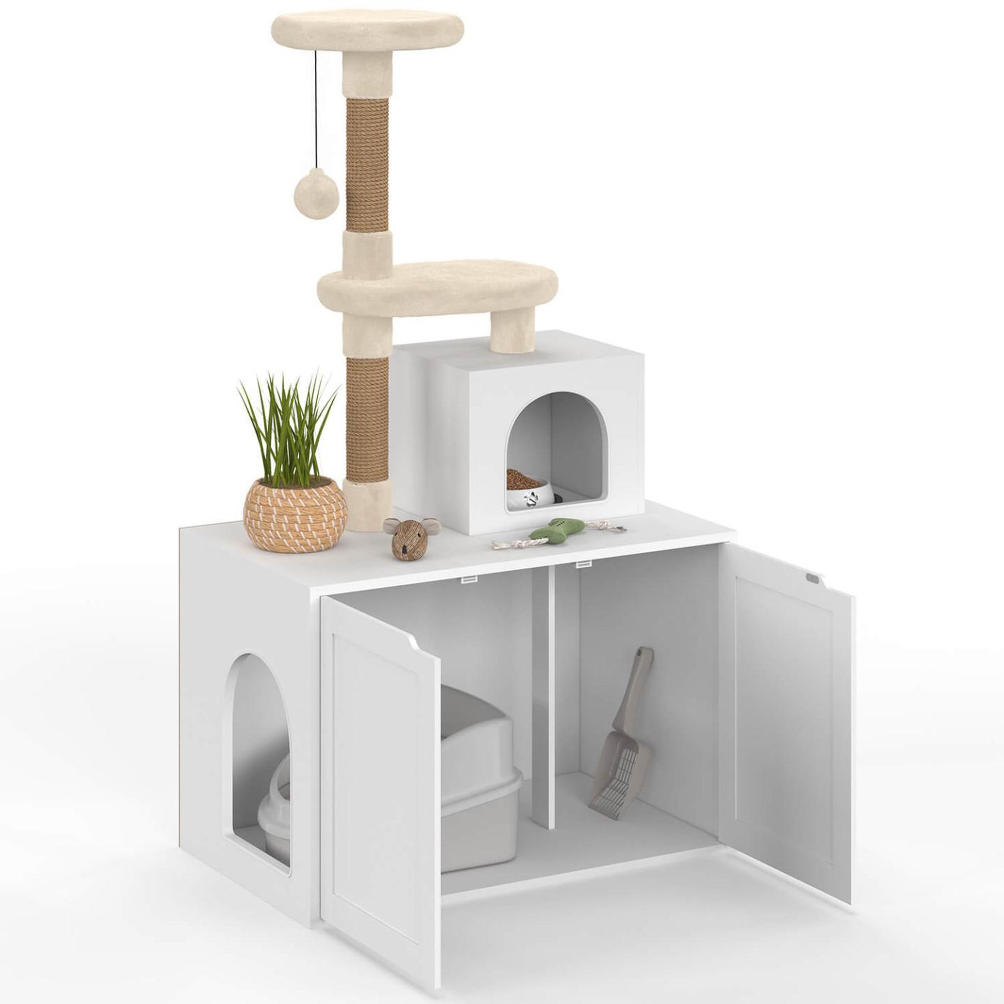Voir la diapositive 4 : ID MARKET Maison de toilette pour chat avec arbre à chat, cache-litière 2 portes, niche et plateforme en bois blanc