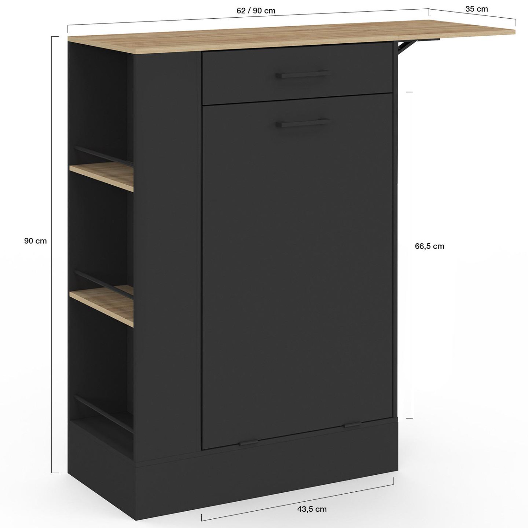 Voir la diapositive 5 : ID MARKET Buffet de cuisine compact 90 cm tibo avec espace poubelle, tablette rabattable, 1 tiroir et 3 étagères latérales bois et noir