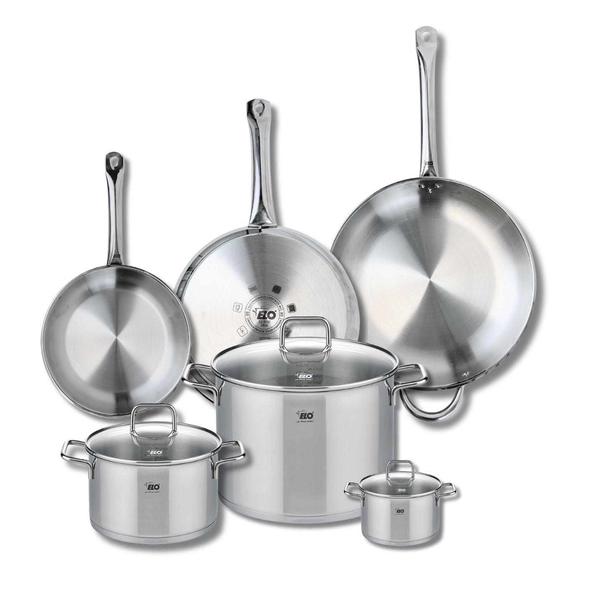 ELO Ensemble de 3 poêles de cuisson 24, 28 et 32 cm et 3 faitouts 12, 20 et 26 cm elo profi citrin