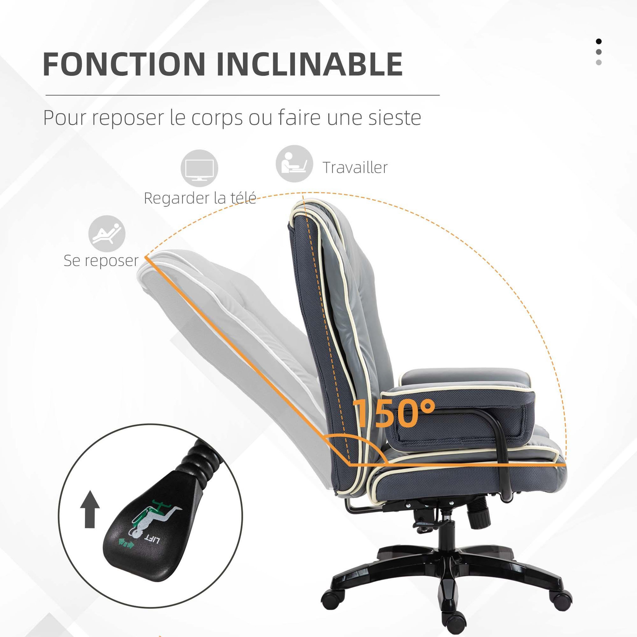 Voir la diapositive 4 : VINSETTO Fauteuil de bureau gamer ergonomique grand confort - 76L x 80l x 118-124H cm - gris
