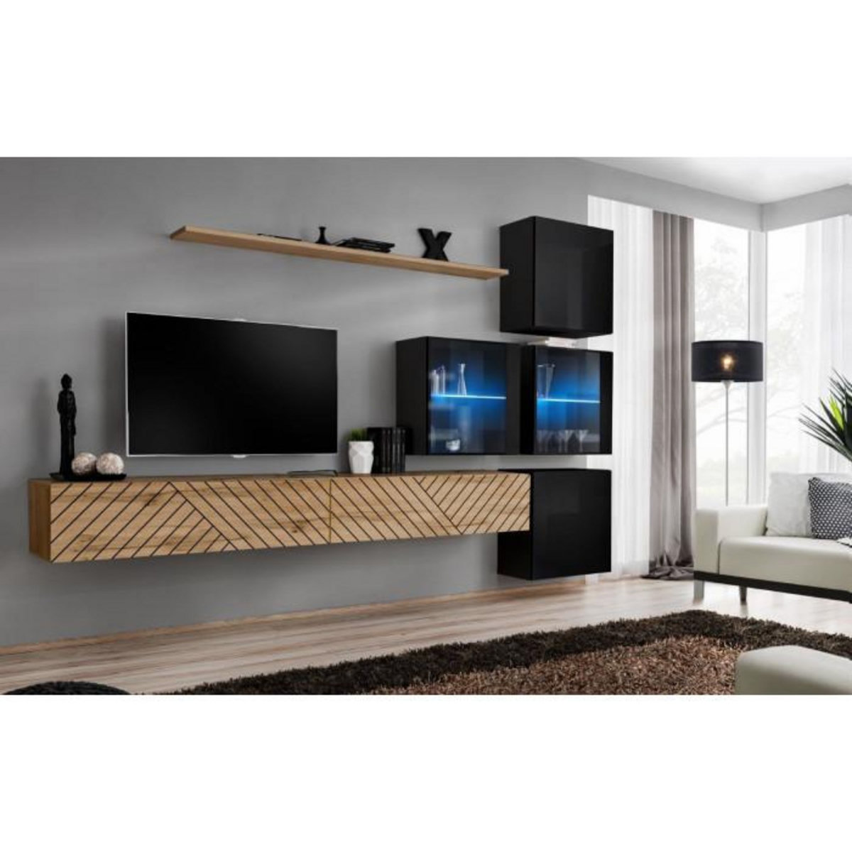 Paris Prix Ensemble Meuble TV  Switch Lamel XIX  310cm Naturel & Noir
