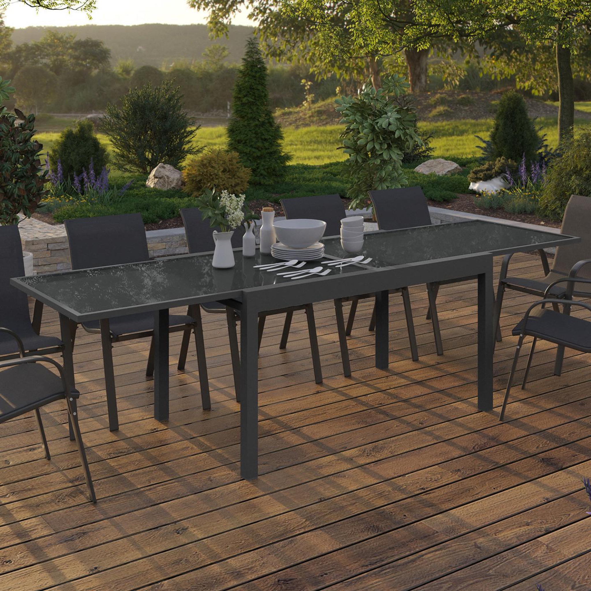 Voir la diapositive 2 : ID MARKET Table de jardin extensible rectangulaire madrid 135-270 cm 8-12 personnes gris anthracite