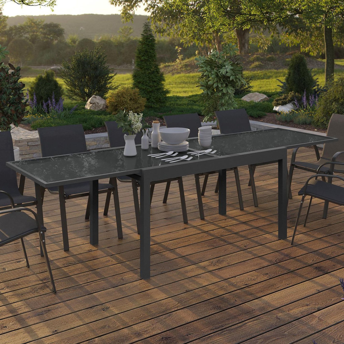 ID MARKET Table de jardin extensible rectangle MADRID 135-270 CM 8-12 personnes gris anthracite