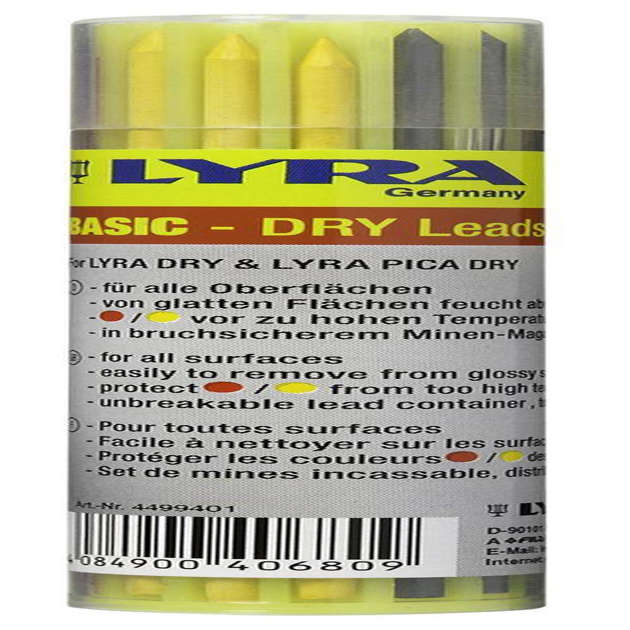 Lyra Etui de 12 mines LYRA DRY couleur (6 graphites, 3 rouges, 3 jaunes)