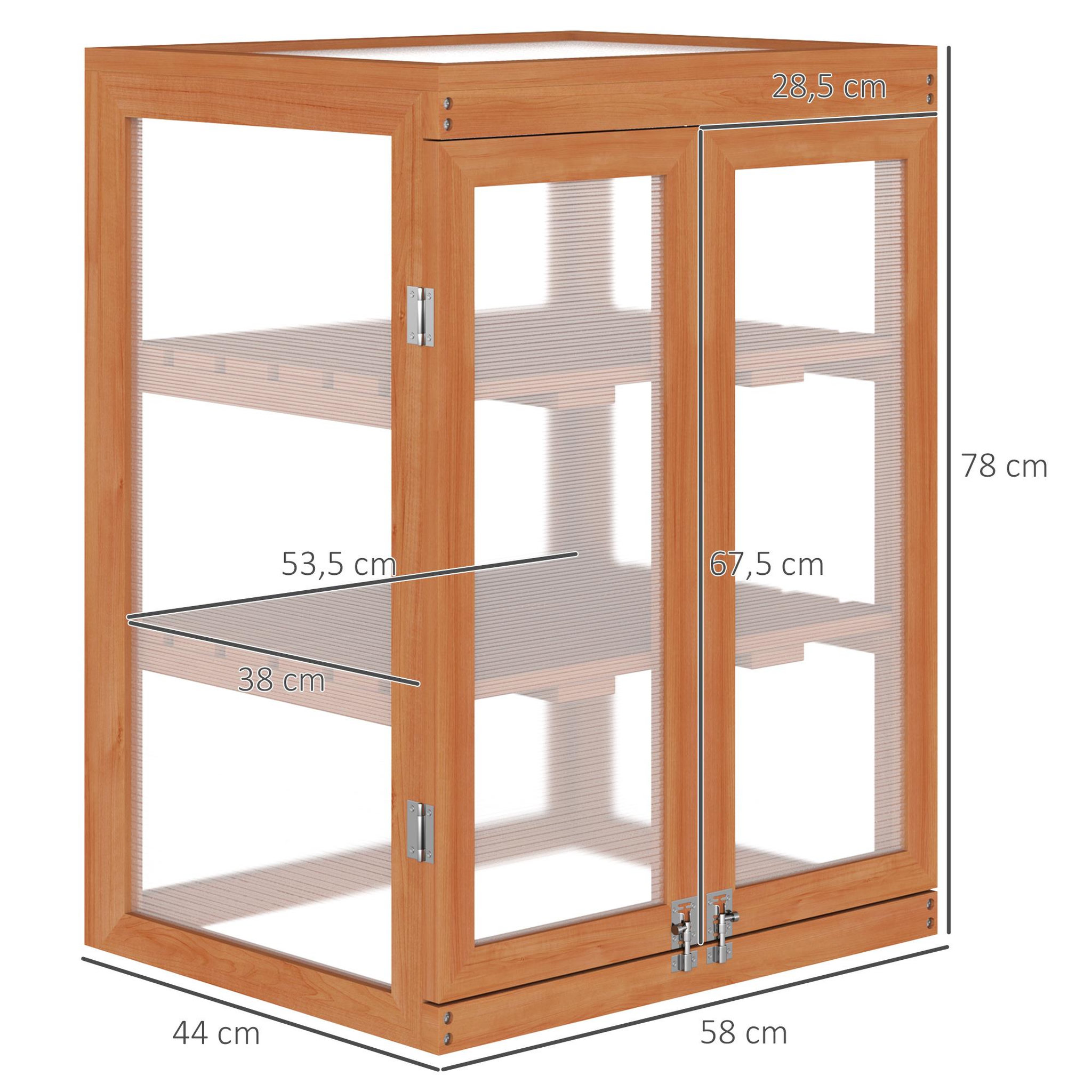 Voir la diapositive 3 : OUTSUNNY Mini serre de jardin 3 niveaux dim. 58L x 44l x 78H cm double porte toit ouvrant bois sapin lasuré polycarbonate