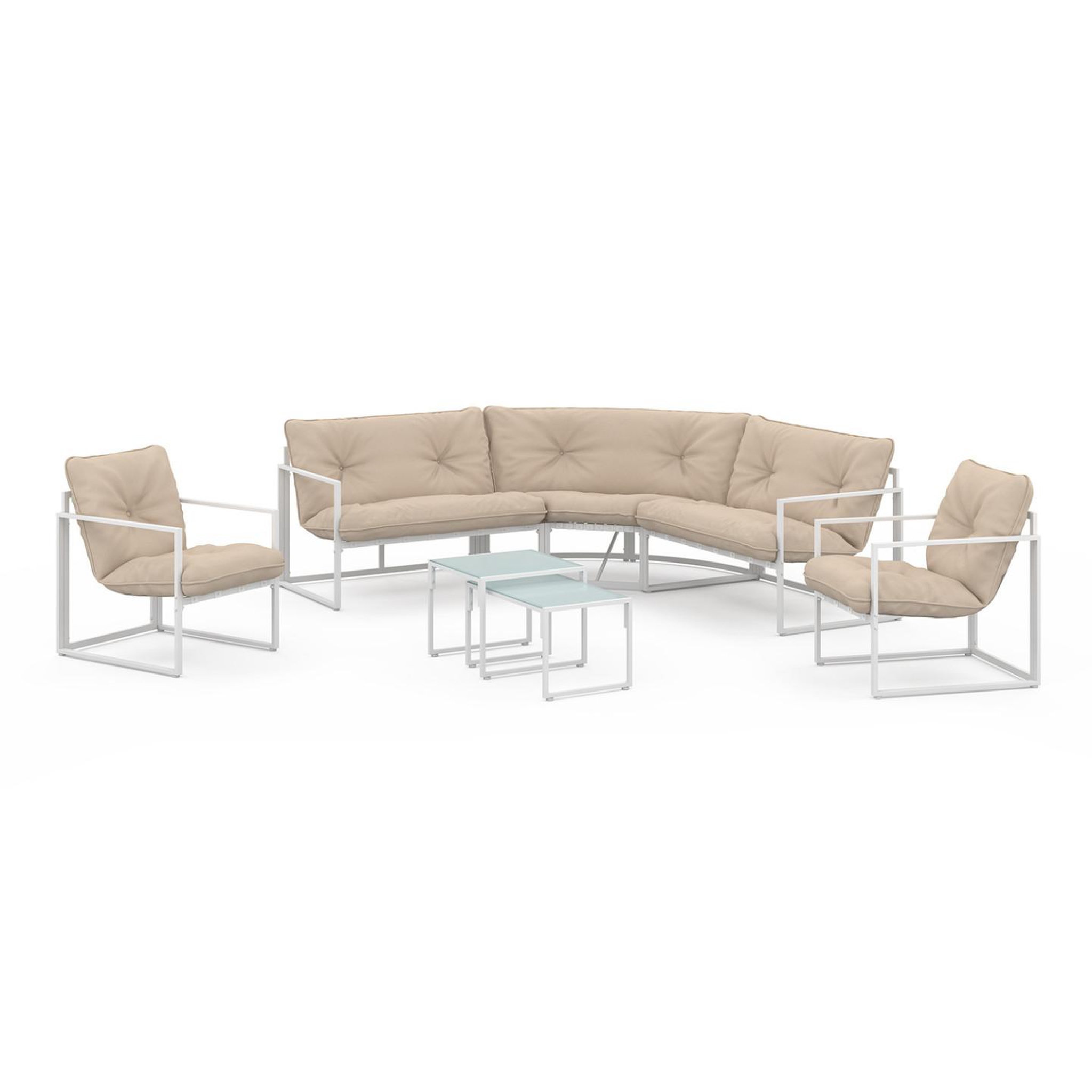 ID MARKET Salon de jardin bas NAIROBI 8 places salon d'angle en acier blanc et coussins beiges