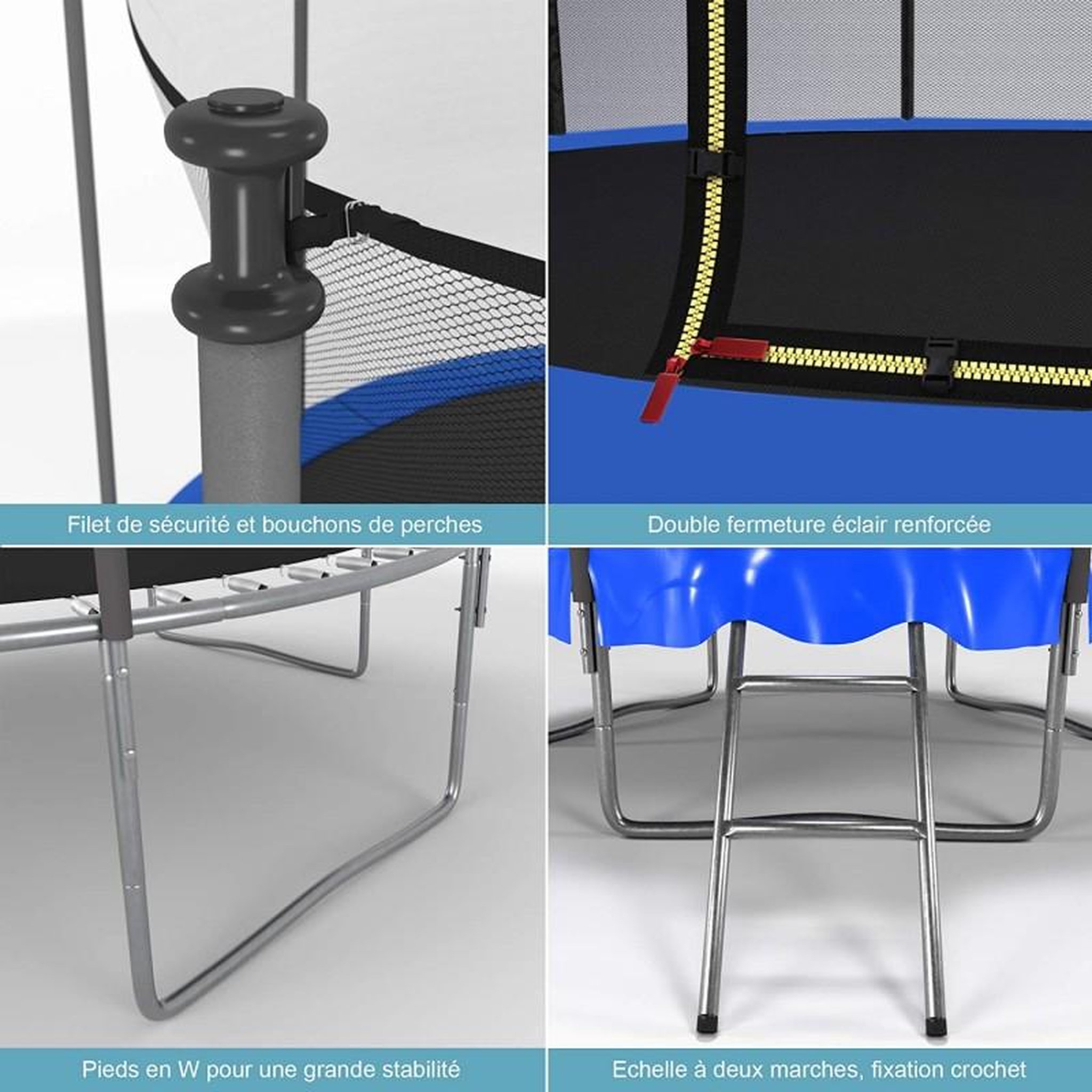 Voir la diapositive 2 : PLAY4FUN Trampoline extérieur Classique 8Ft ø244cm avec coussin de protection réversible Bleu/Noir, Echelle et Filet de sécurité