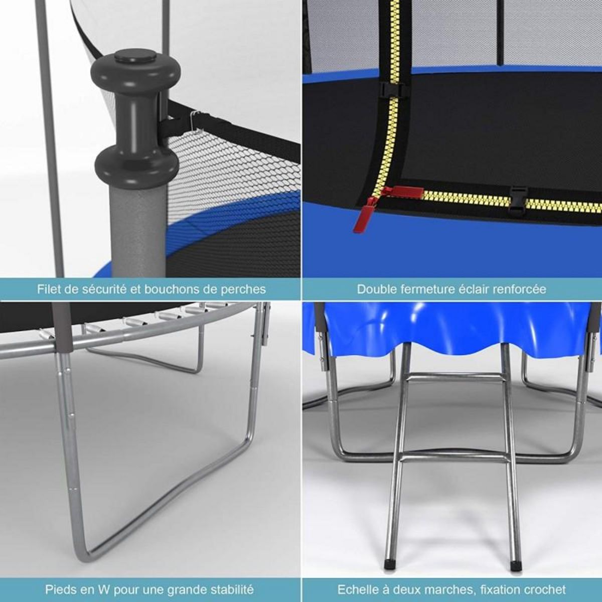 PLAY4FUN Trampoline extérieur Classique 8Ft ø244cm avec coussin de protection réversible Bleu/Noir, Echelle et Filet de sécurité