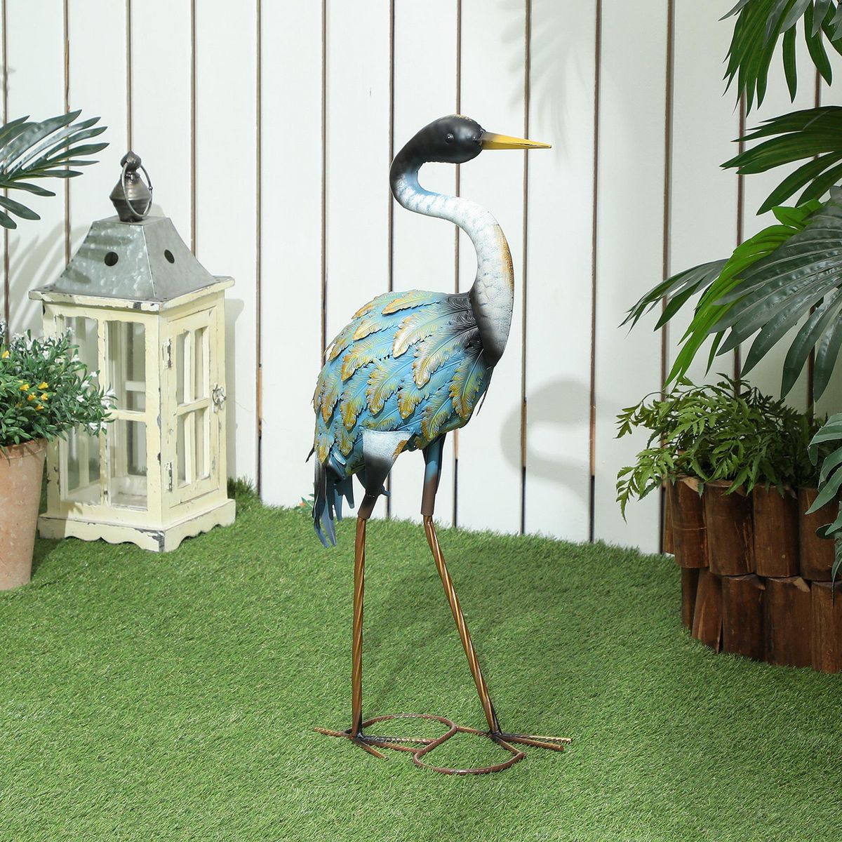 OUTSUNNY Statue de jardin héron H. 63 cm - décoration de jardin - métal bleu doré