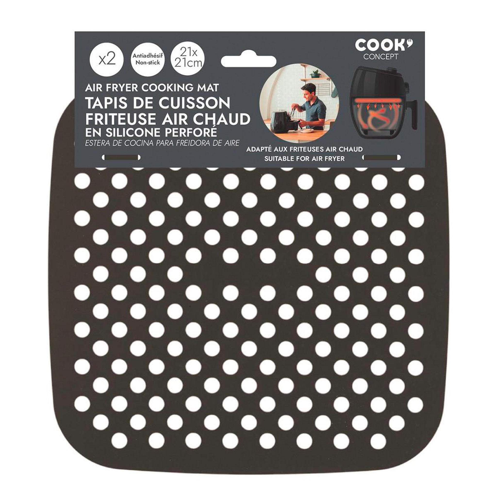 Voir la diapositive 4 : COOK CONCEPT Lot de 2 Tapis de Cuisson Réutilisable  Friteuse à Air  21cm Noir