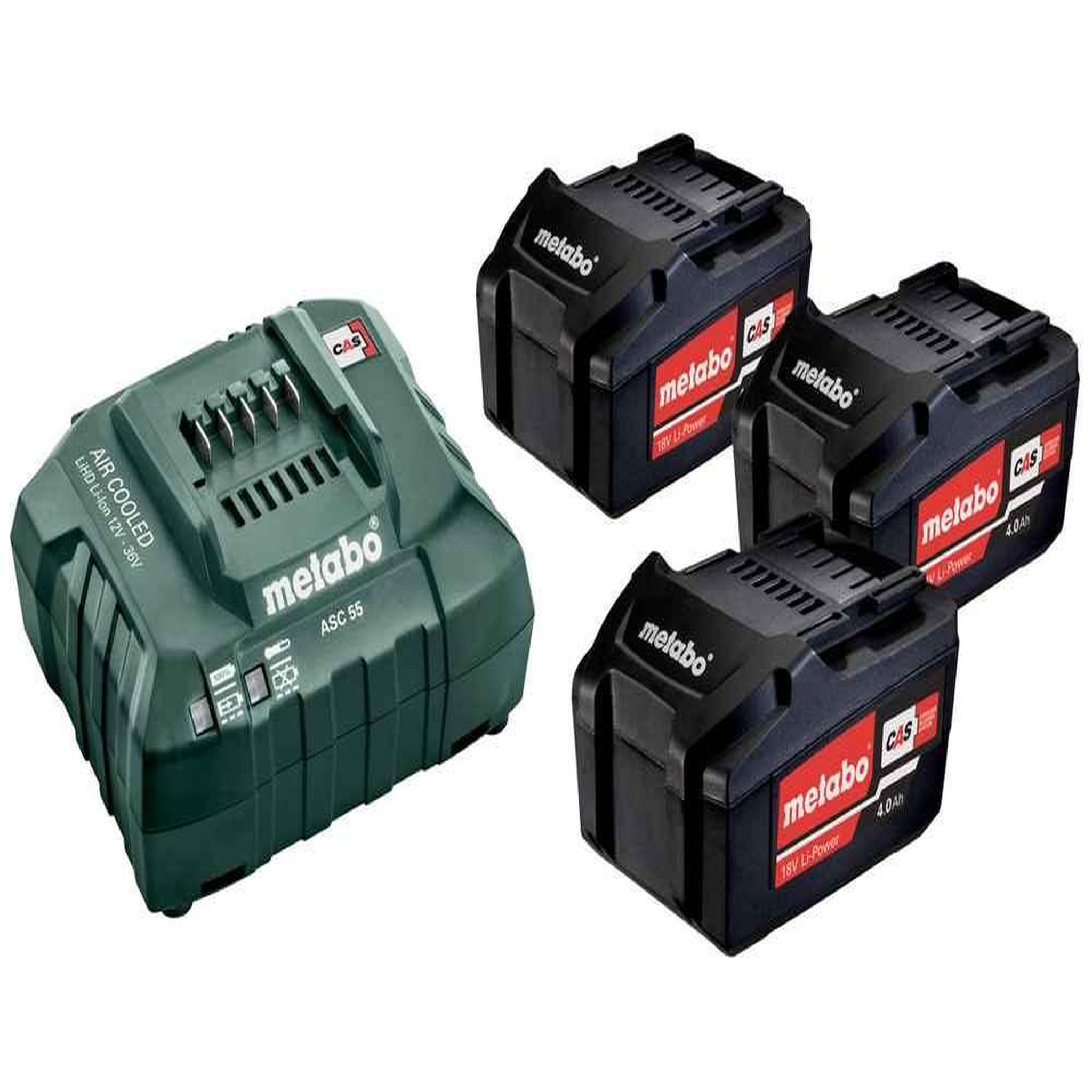 METABO SAS Pack énergie 18 V Pack 3 Batteries 4,0 Ah Li-Power + Chargeur rapide - ASC 55, coffret Metaloc