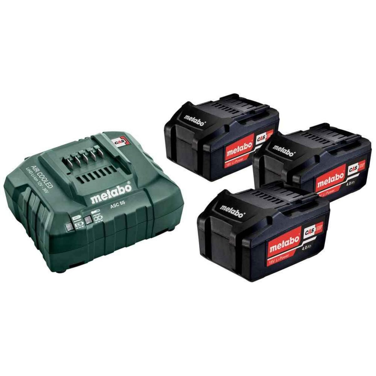 METABO SAS Pack énergie 18 V Pack 3 Batteries 4,0 Ah Li-Power + Chargeur rapide - ASC 55, coffret Metaloc