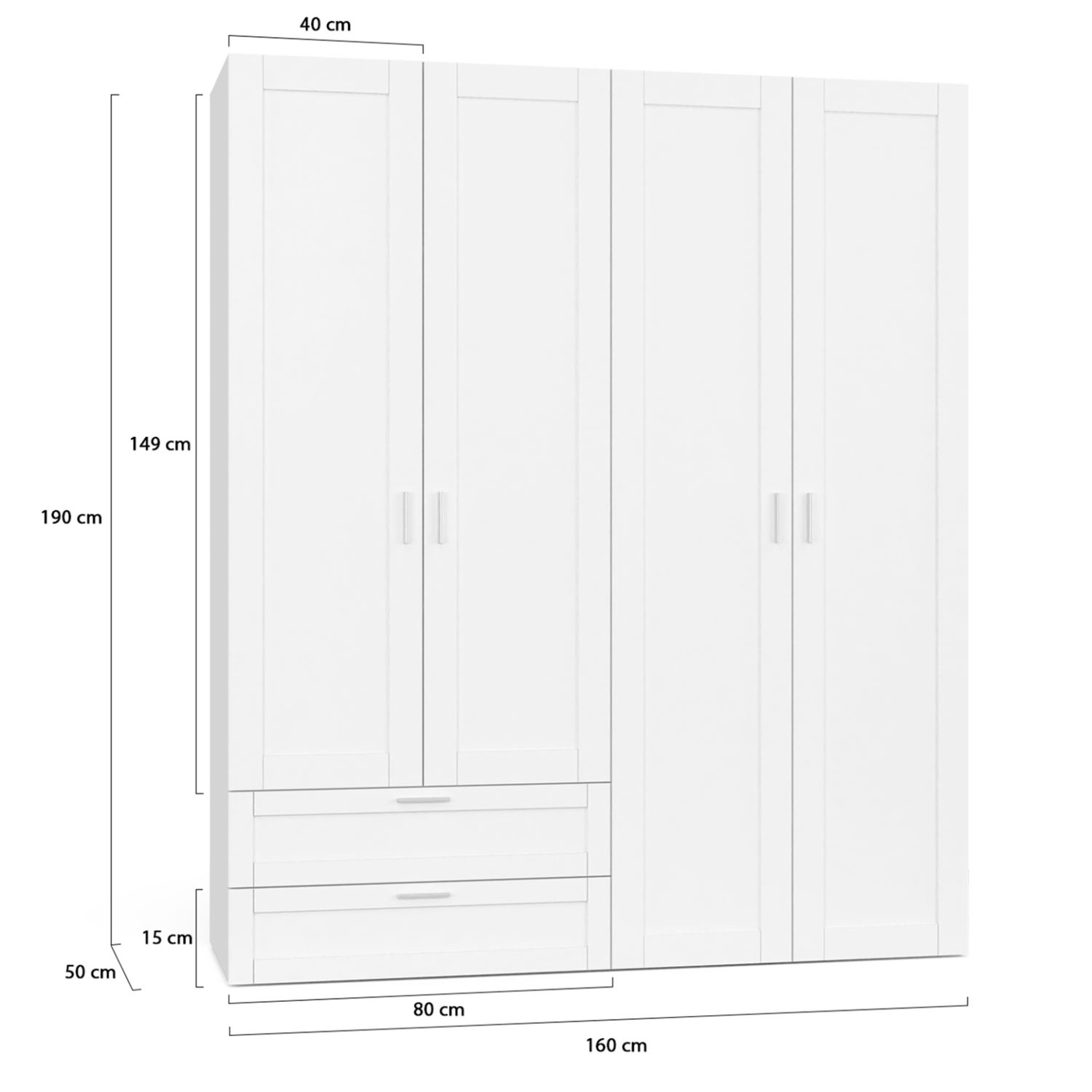 Voir la diapositive 4 : ID MARKET Armoire 4 portes vito blanc penderie 160 cm avec 2 tiroirs et étagères