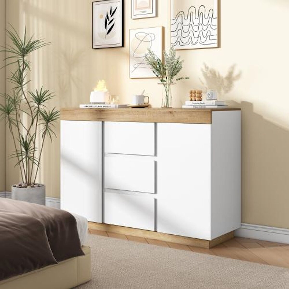MERAX Buffet 3 porte(s) 3 tiroir(s) - 120,5 cm blanc+naturel panneau de particules