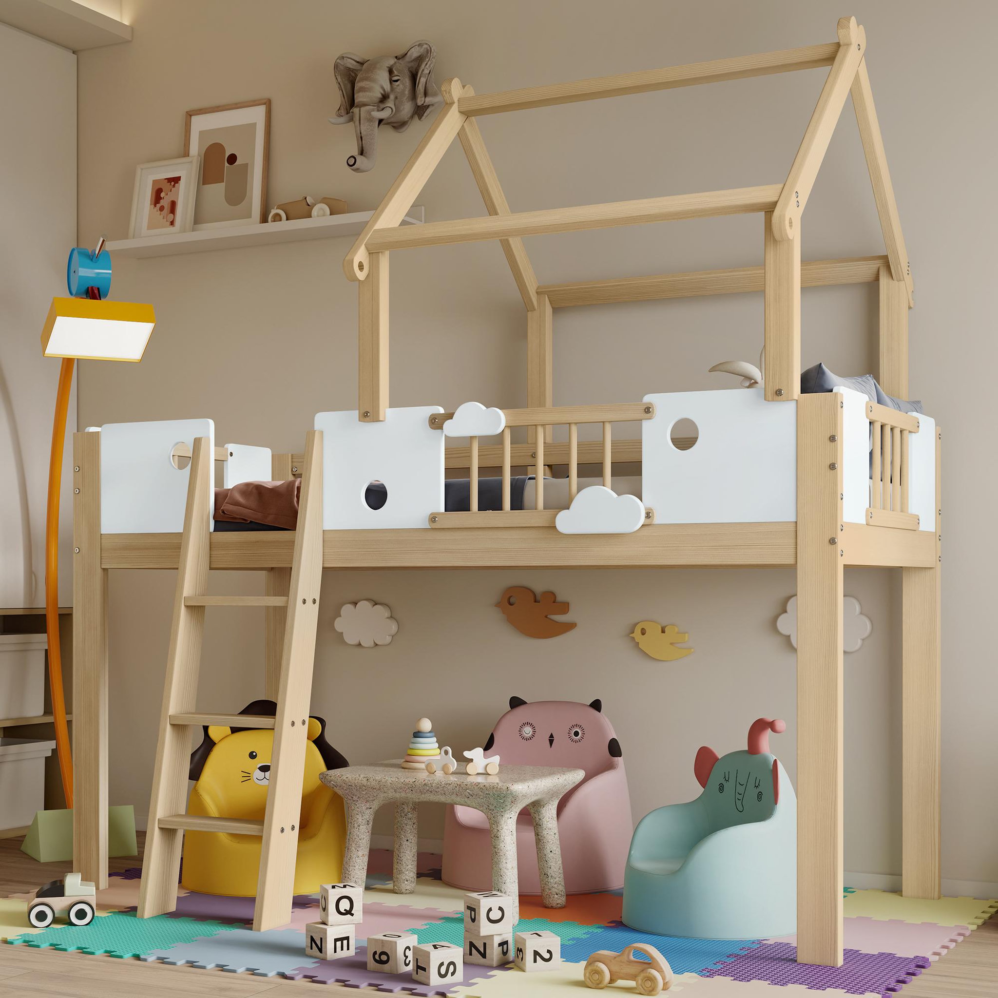 Voir la diapositive 4 : MERAX Lit combiné enfant 90x200cm coloris naturel+blanc pin et mdf