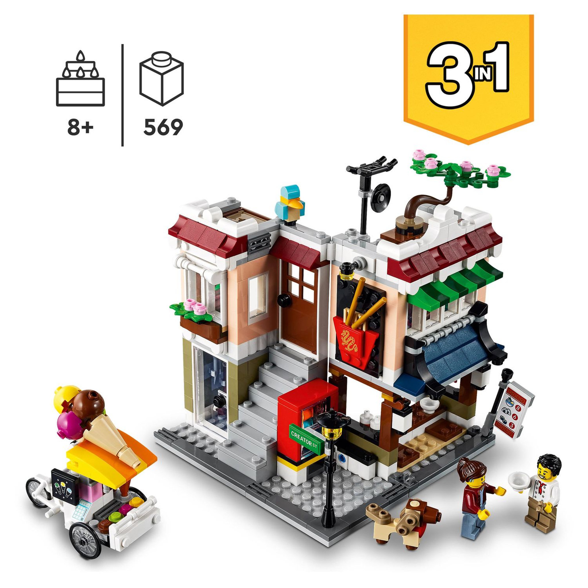 Voir la diapositive 4 : LEGO Creator 31131 3-en-1 Le Magasin de Nouille du Centre-Ville, Jouet Transformable en Magasin de Cycles, en Kiosque à Journaux ou en Salle d&rsquo;Arcade