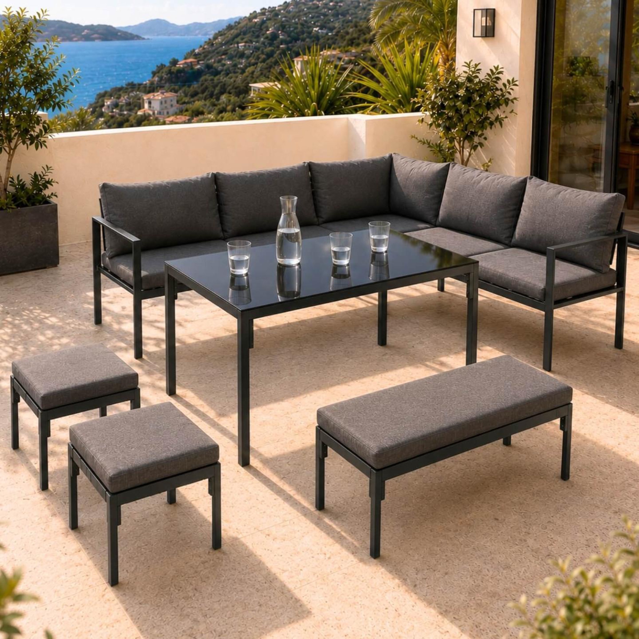 Voir la diapositive 2 : ID MARKET Salon de jardin repas nayla 8 places d'angle en métal et coussins gris avec table à manger, canapé d'angle, banquette, tabourets