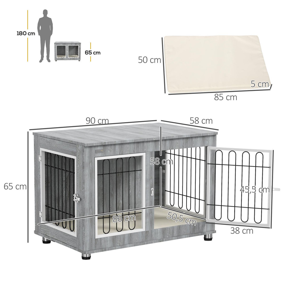 PAWHUT Cage pour chien sur pied - 2 portes verrouillables, coussin déhoussable inclus - acier filaire noir panneaux aspect bois gris