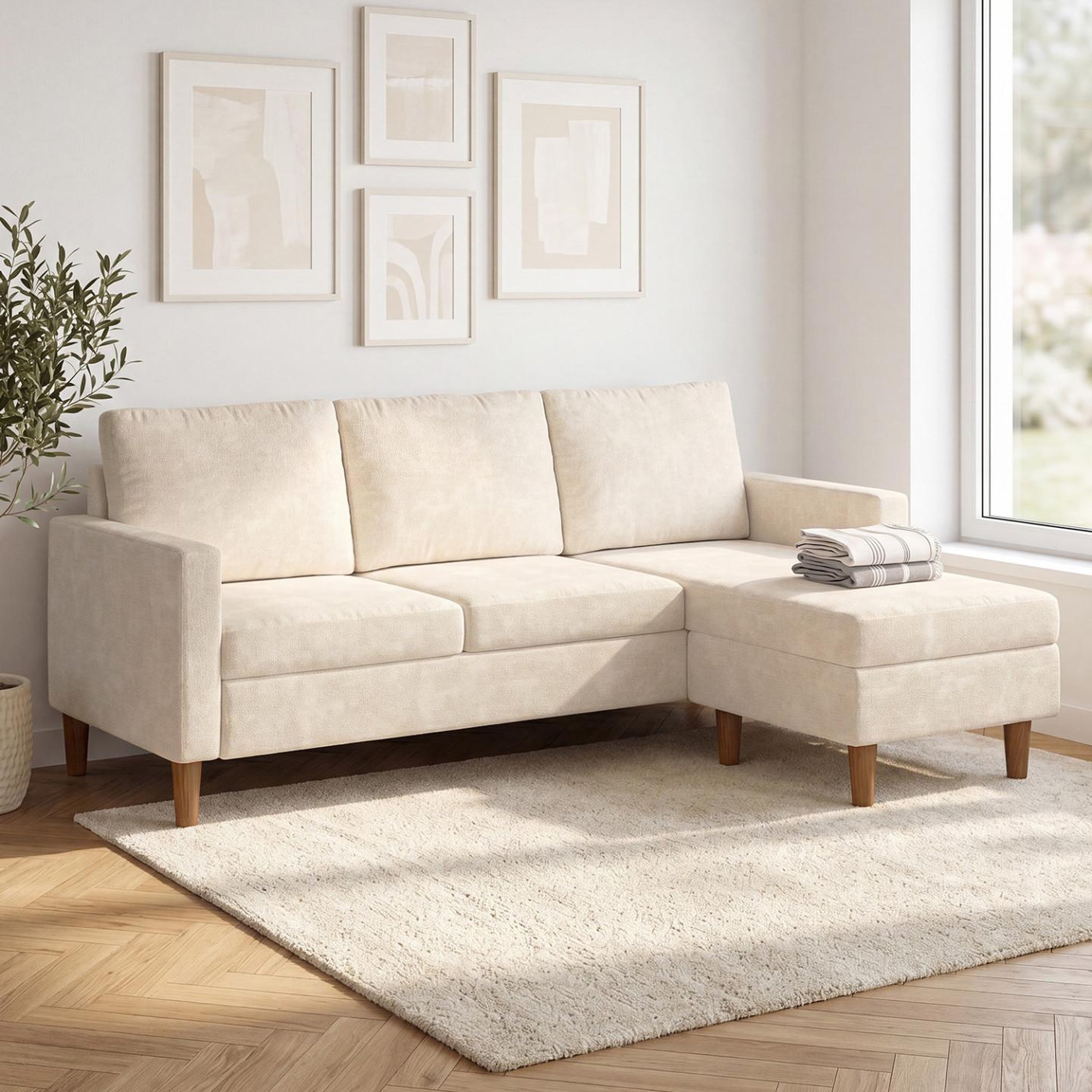 Voir la diapositive 2 : ID MARKET Canapé d'angle réversible 3 places marius 200 cm en tissu chenille beige