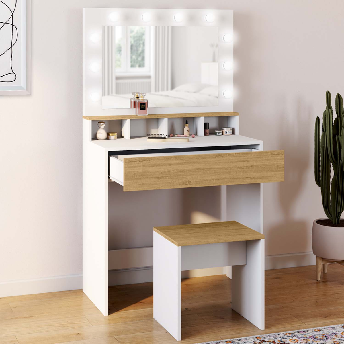 ID MARKET Coiffeuse ZELIA blanc et hêtre miroir LED avec 4 niches, 1 tiroir et tabouret
