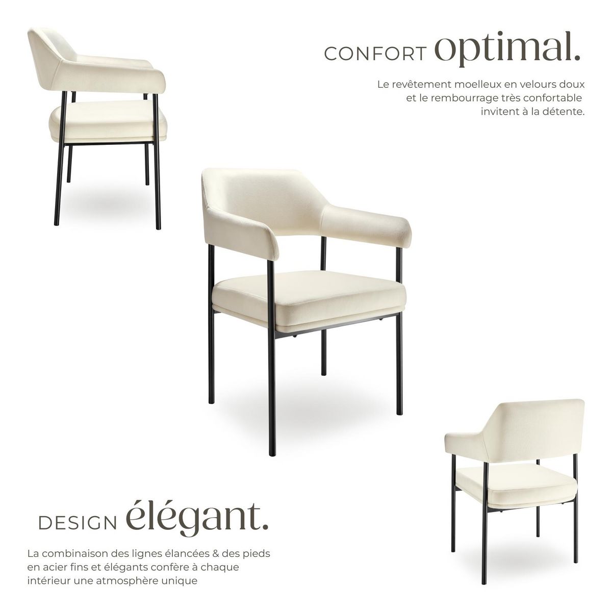 tectake Fauteuil rembourré Aspect velours blanc cassé Lot de 2