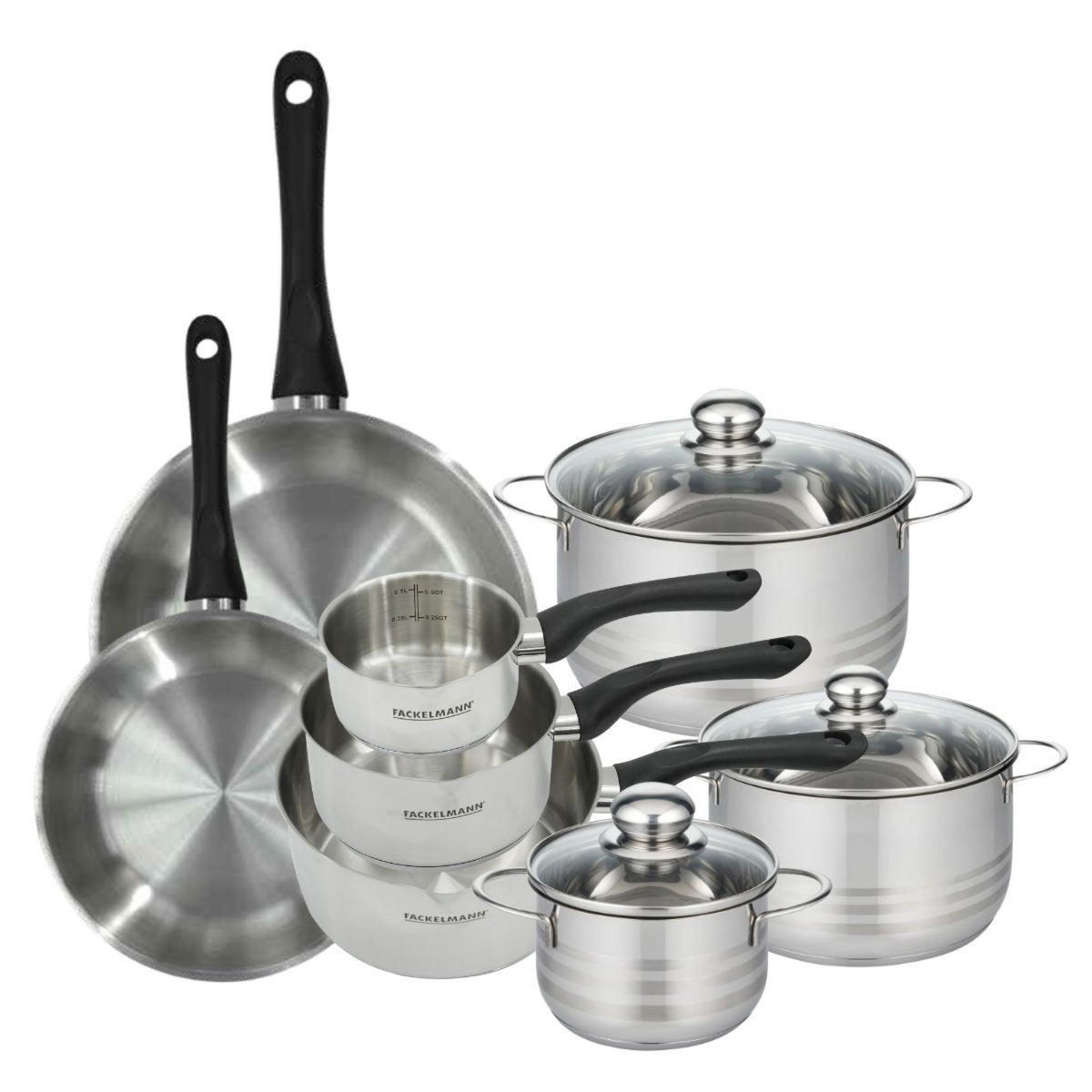 Fackelmann Set de 2 poêles 24 28 cm, 3 casseroles 12 16 20 cm et 3 faitouts 16, 20 et 24 cm en inox Fackelmann Geneva