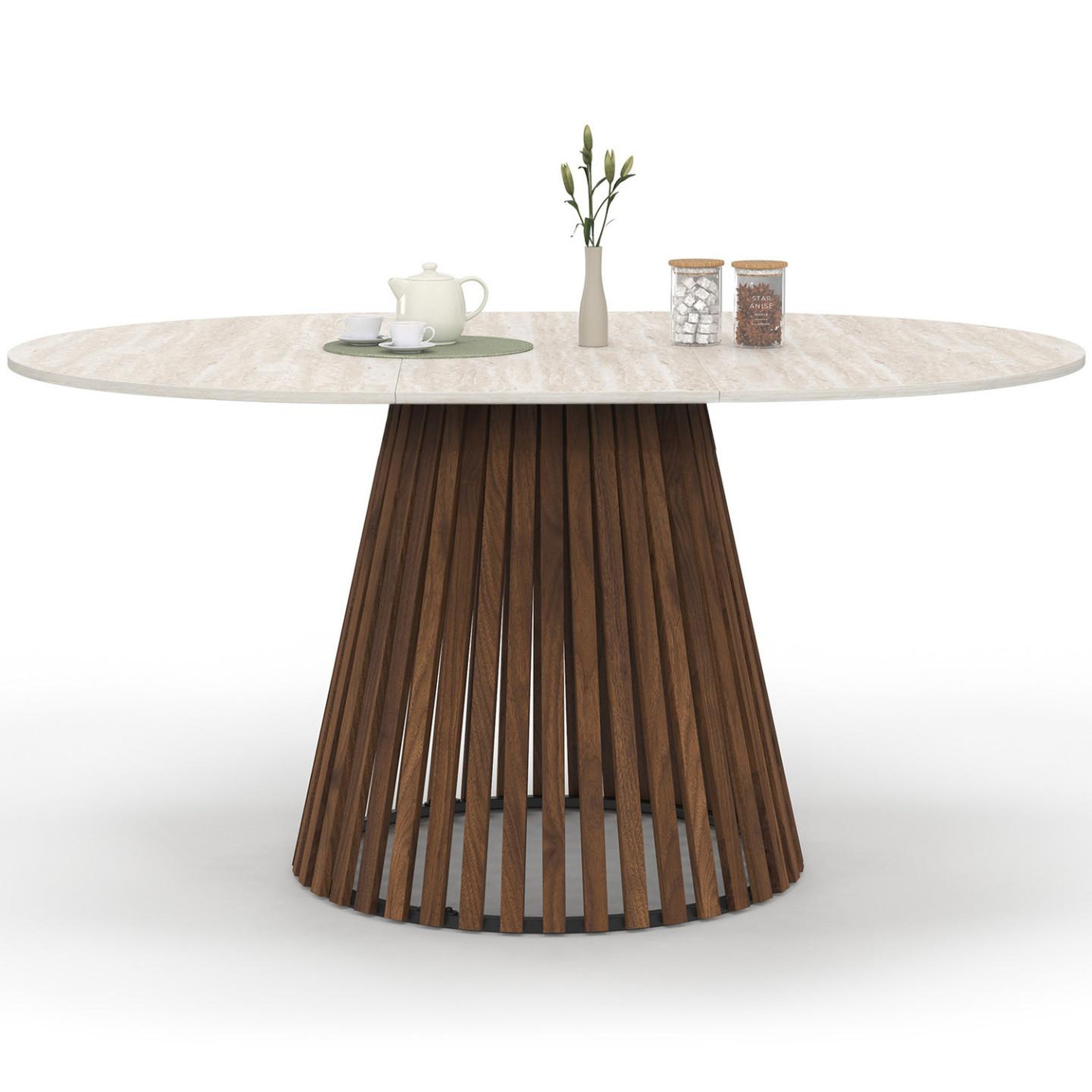 ID MARKET Table à manger extensible ronde carmen 4-8 personnes pied noyer en lattes et plateau effet travertin 110 - 150 cm
