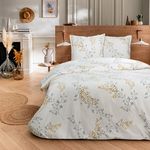 FUTURE HOME Parure de lit 2 personnes satin de coton motif feuillage. Coloris disponibles : Beige
