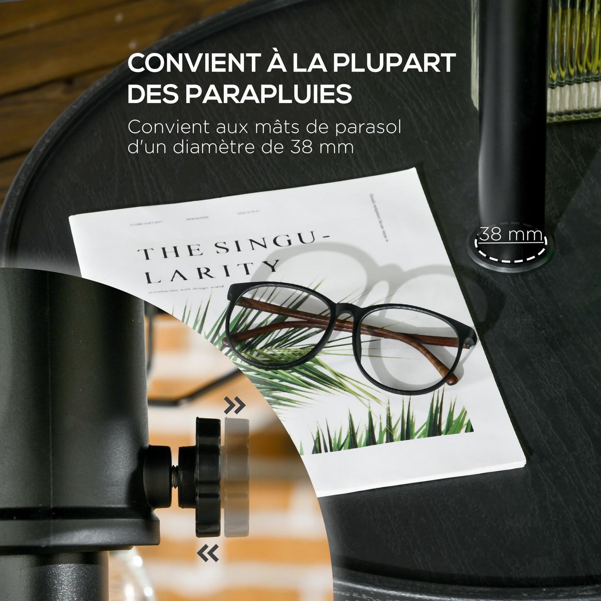 OUTSUNNY Table basse table de parasol Ø 60 cm compatible parasol mât 3,8 cm HDPE aspect bois noir