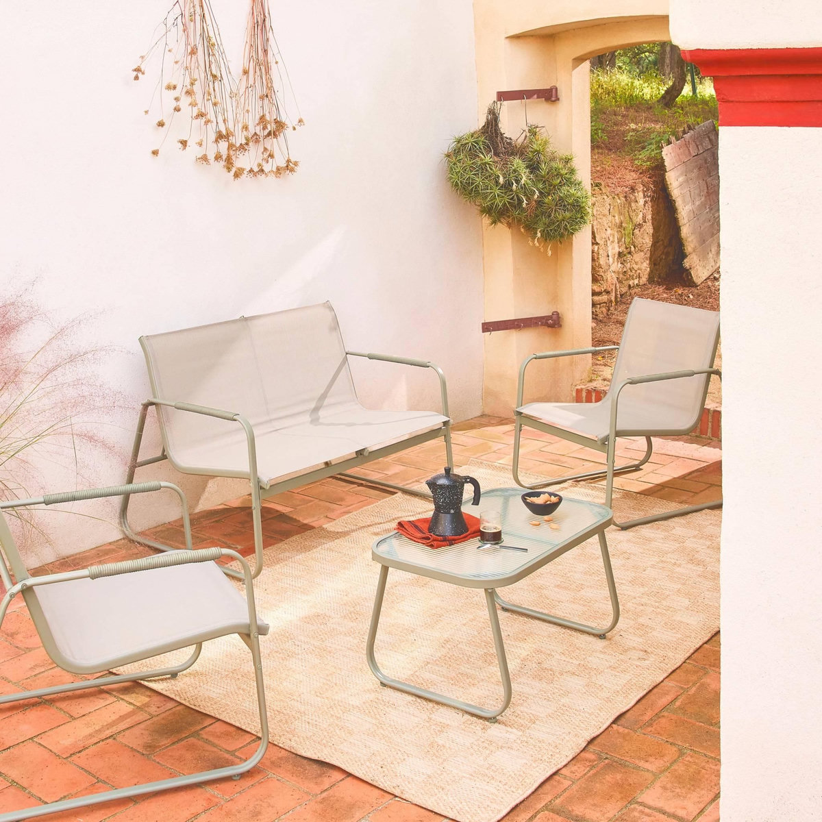 SWEEEK Salon de jardin NOTO acier, 4 places, un canapé, une table, deux fauteuils textilene