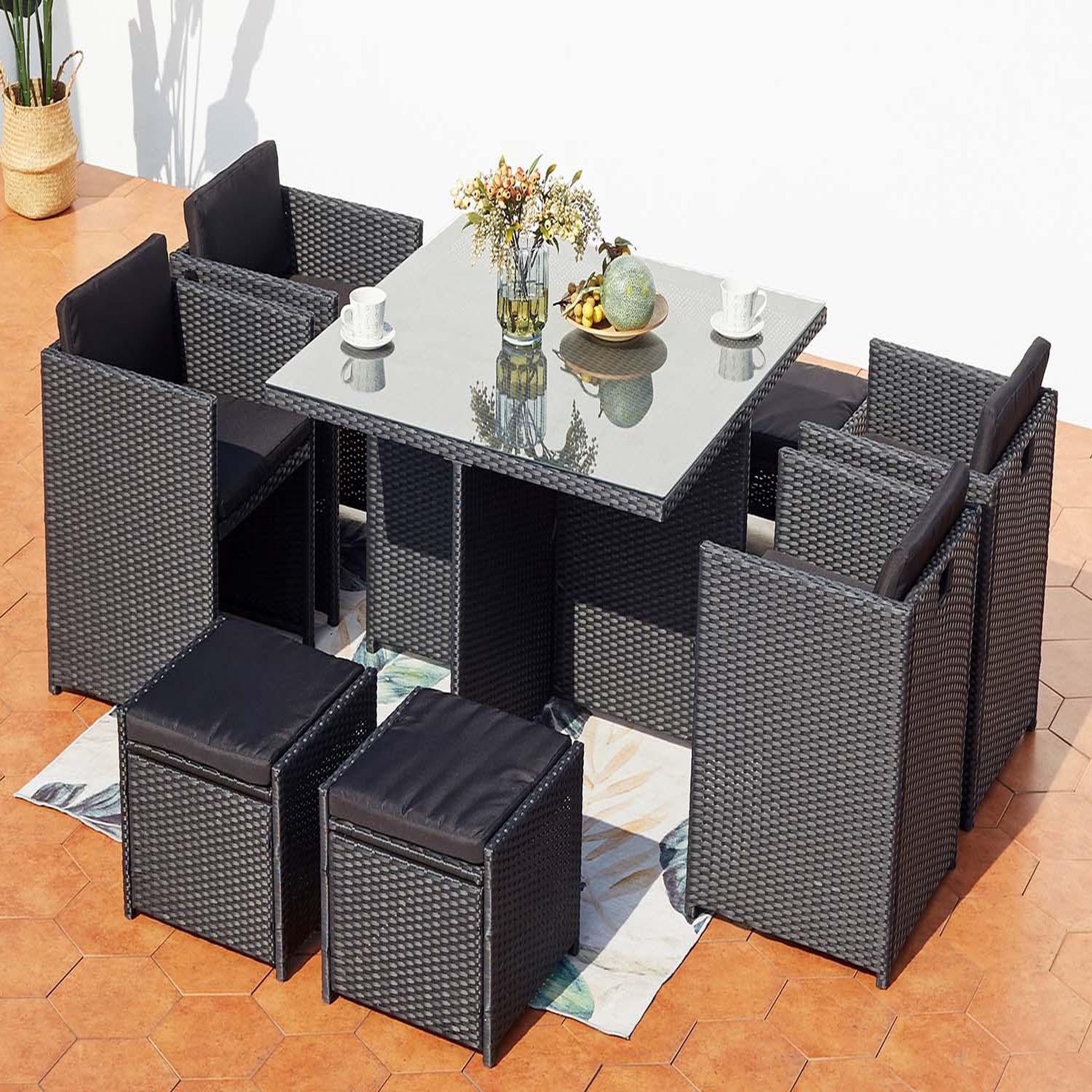 Voir la diapositive 2 : CONCEPT USINE Table et chaises 8 places encastrables en résine noir-noir miami