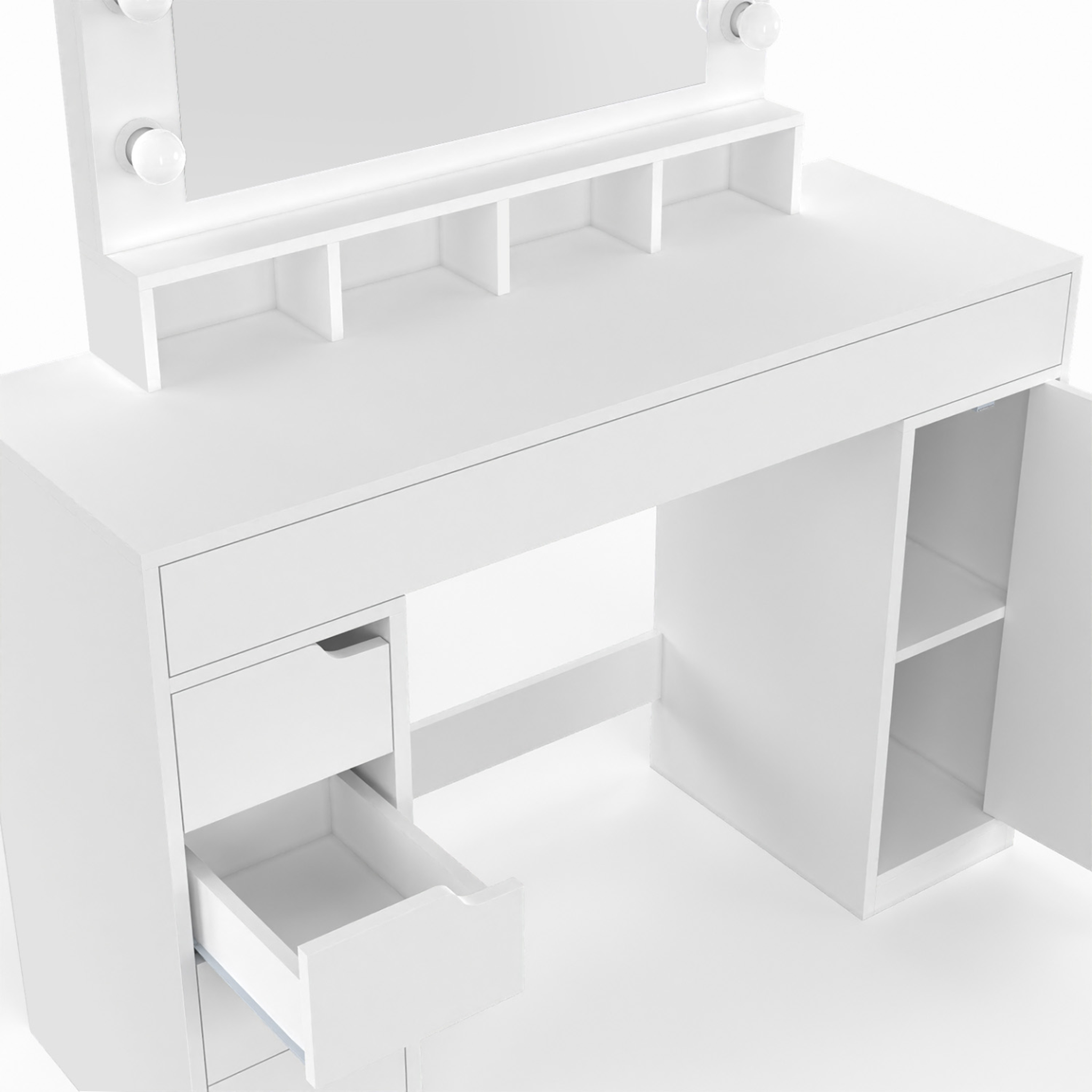 Voir la diapositive 5 : ID MARKET Coiffeuse zelia blanche miroir led avec 4 niches, 5 tiroirs, 1 caisson de rangement et tabouret rembourré