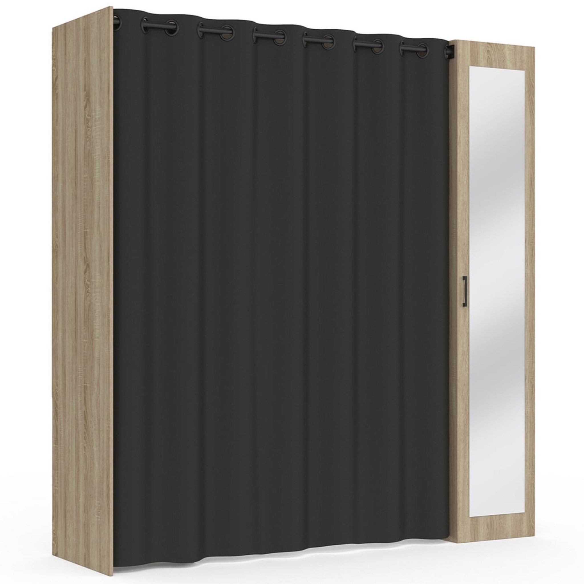 Voir la diapositive 5 : ID MARKET Dressing extensible MERYL 145/170 x 50 x 180 cm hêtre avec étagères + double penderie + miroir + rideau noir