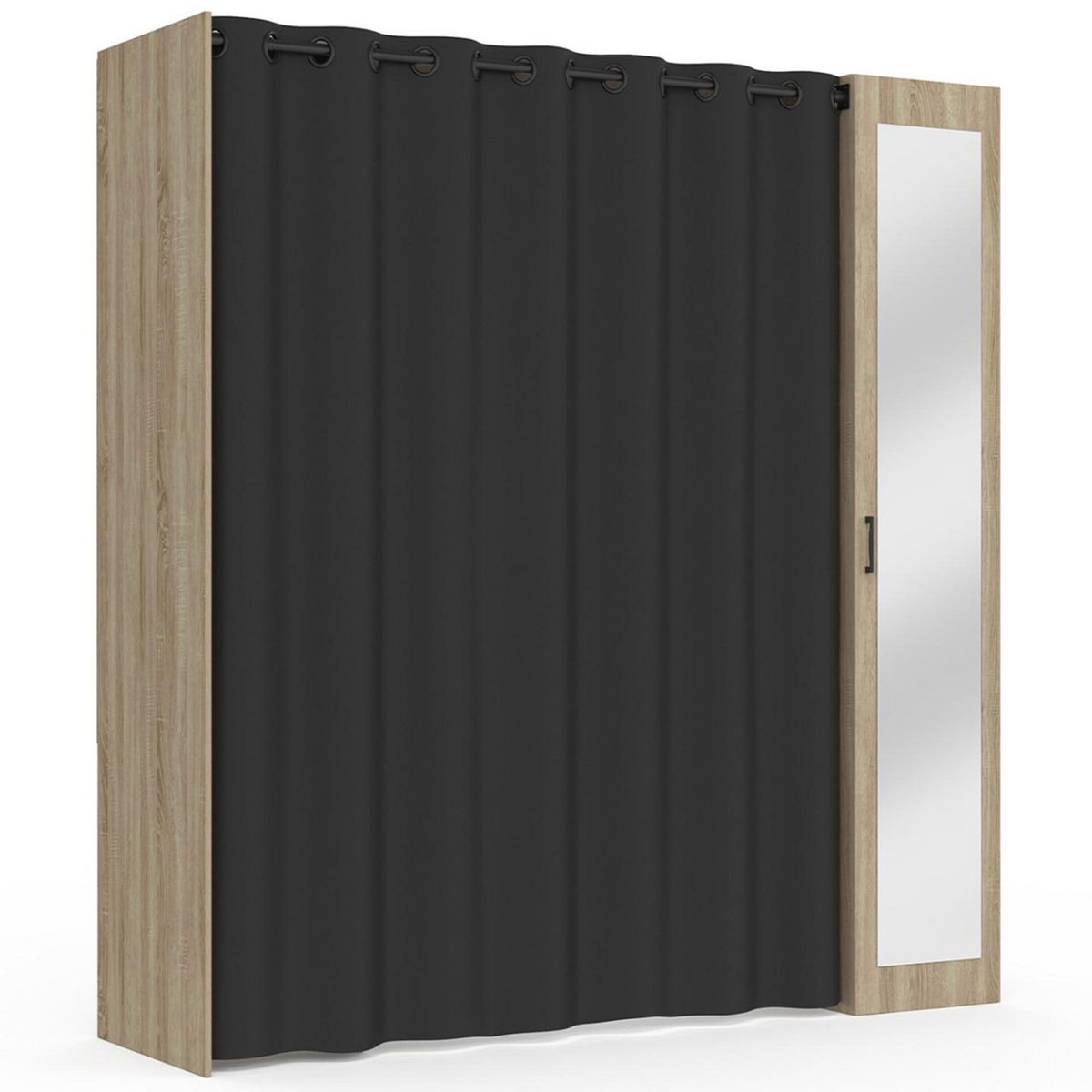 ID MARKET Dressing extensible MERYL 145/170 x 50 x 180 cm hêtre avec étagères + double penderie + miroir + rideau noir