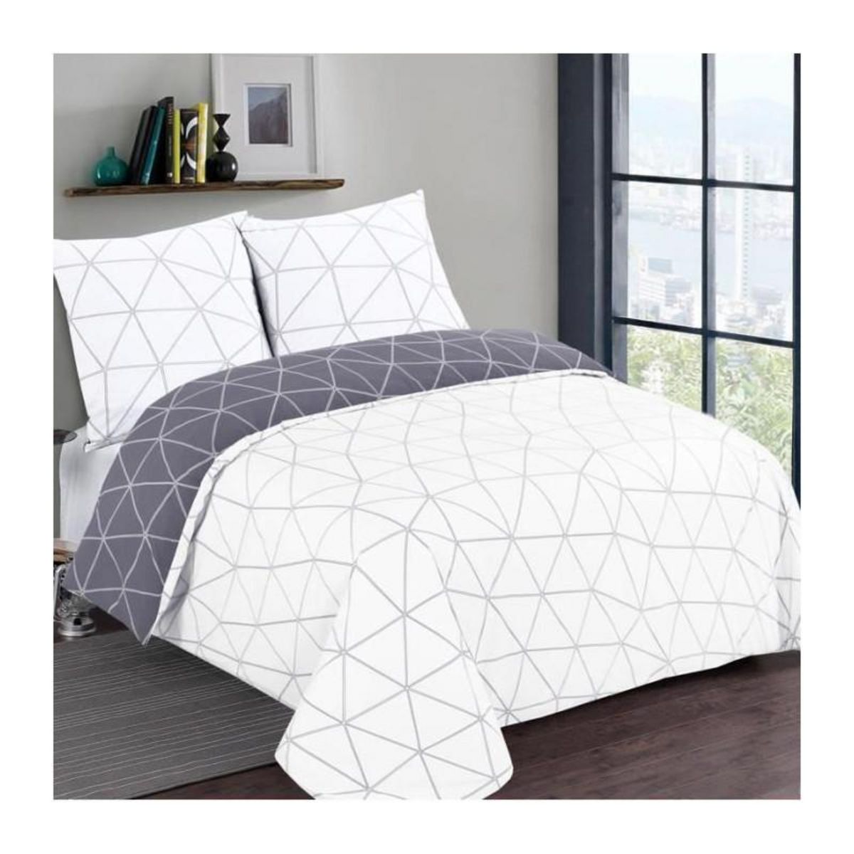VISION VISION - Parure de lit HUGO gris réversible - 100% Coton - 1 housse de couette 260x240cm + 2 taies 65x65cm - Gris-blanc
