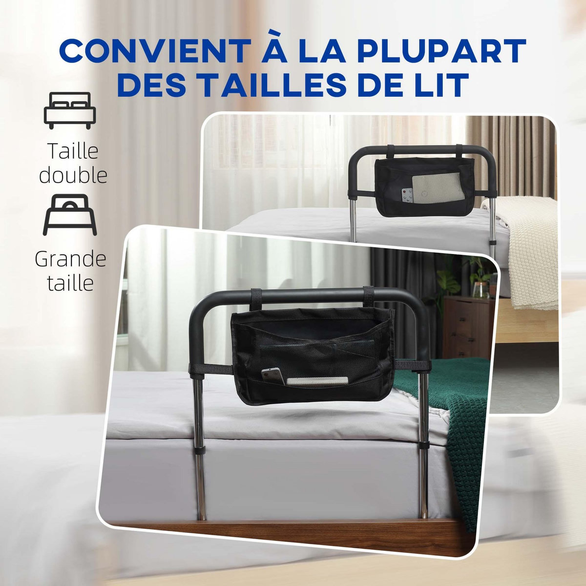 HOMCOM Barre de redressement de lit réglable en hauteur - poignée d'appui pour le lit - barre d'appui de lit avec rangement - acier noir