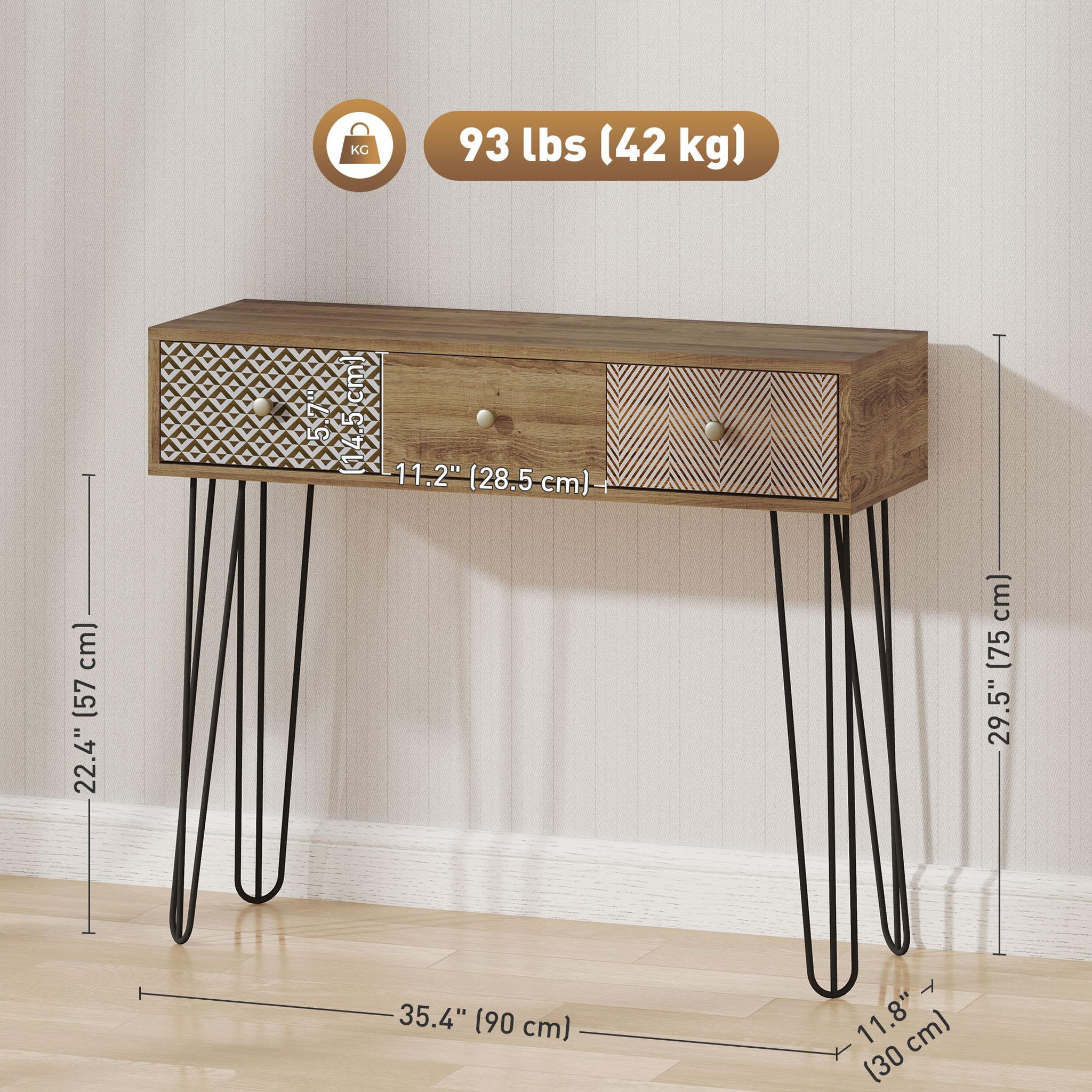 Voir la diapositive 3 : HOMCOM Console style néo-rétro 3 tiroirs graphiques piètement épingle acier noir effet bois