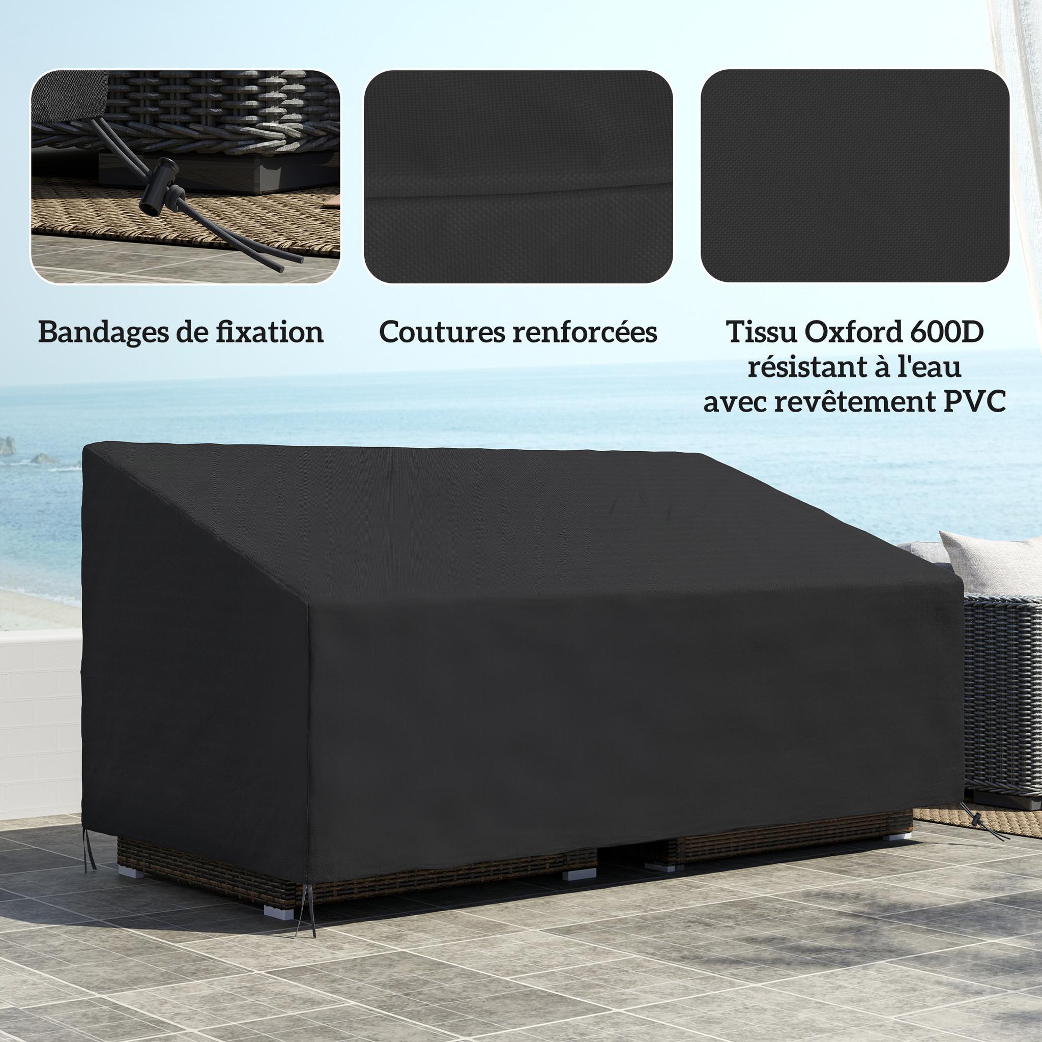 Voir la diapositive 6 : OUTSUNNY Housse canapé exterieur 3 places - housse salon de jardin - dim. 218x111x63/101cm - polyester haute densité noir