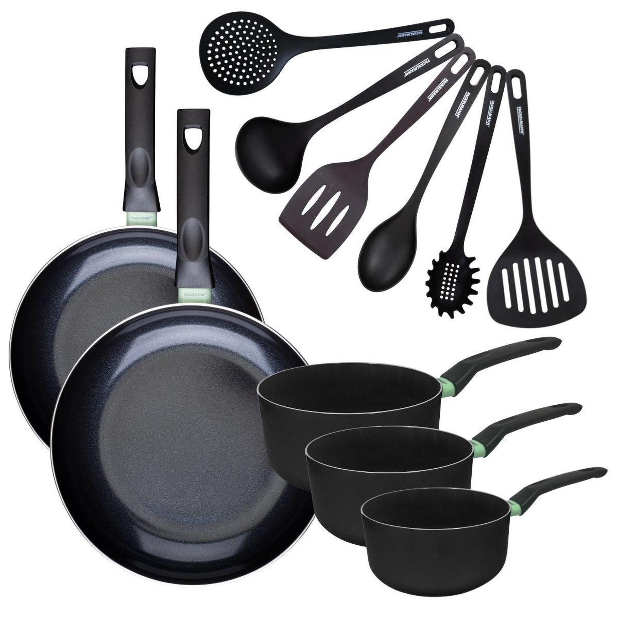 Fackelmann Set de 2 poêles 28 et 30 cm et 3 casseroles 16, 18 et 20 cm antiadhésives céramique et 6 ustensiles fackelmann brandao