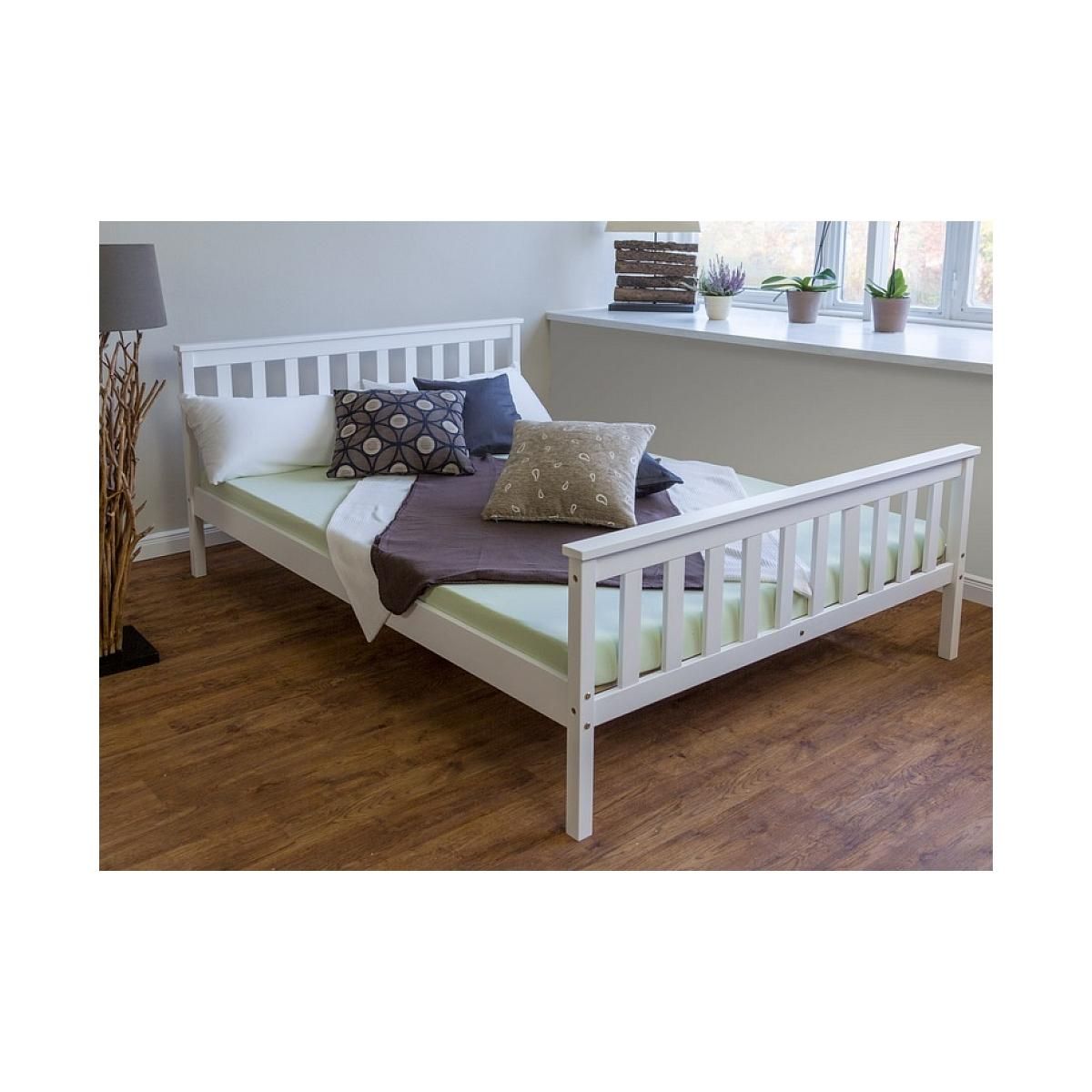 HomeStyle4U Lit double en pin massif 140x200 blanc avec sommier